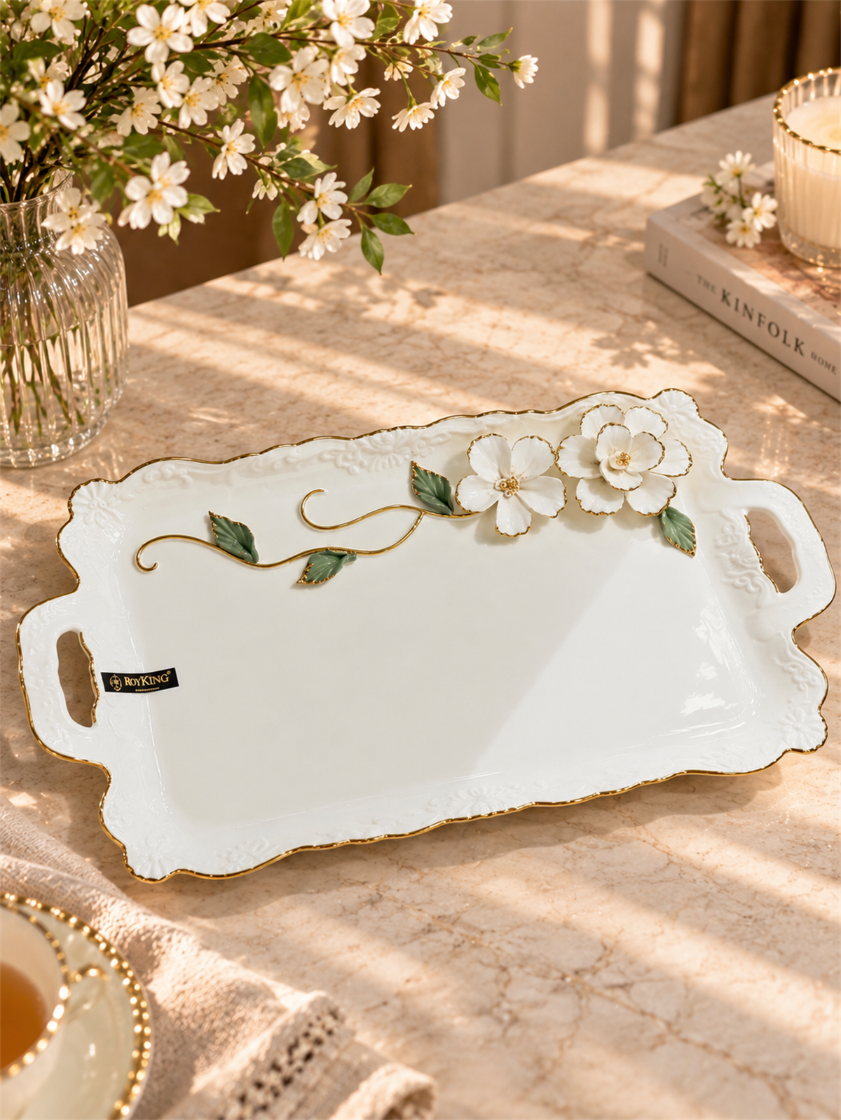Royking Beyaz Porselen White Flower Lüks Sunum Tabağı 