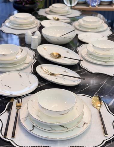 Slender 56 Parça 12 Kişilik Porselen Yemek Takımı Marble