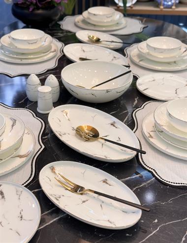 Slender 56 Parça 12 Kişilik Porselen Yemek Takımı Marble
