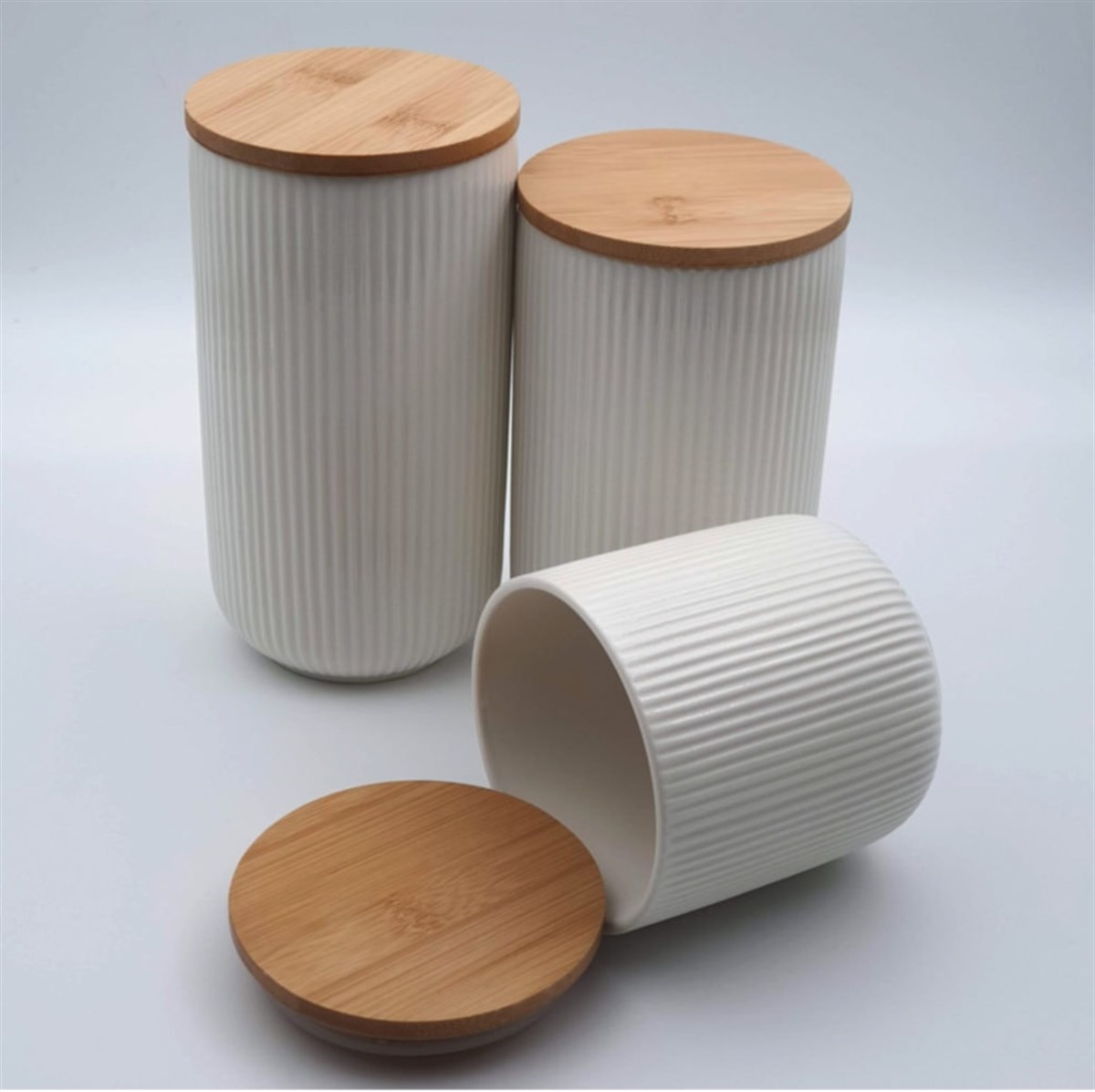 3'lü Bambu Kapaklı Vakumlu Porselen Silindir Kavanoz