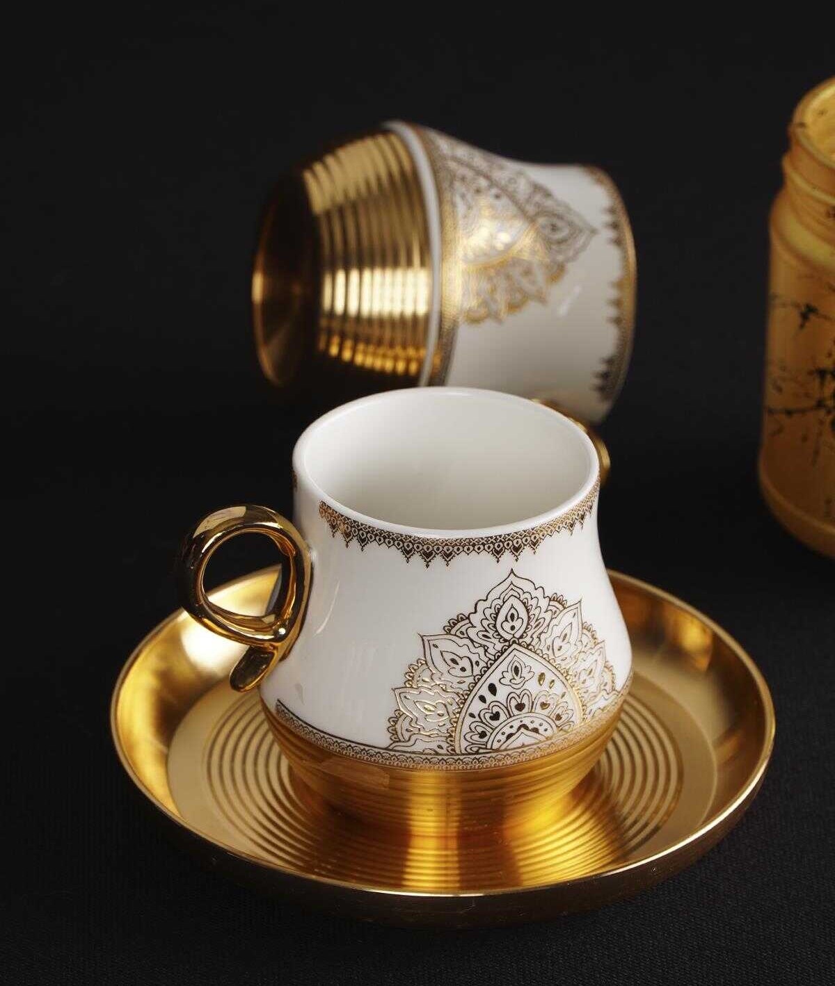 6'lı Volga Porselen Kahve Fincanı - Gold Yaldız