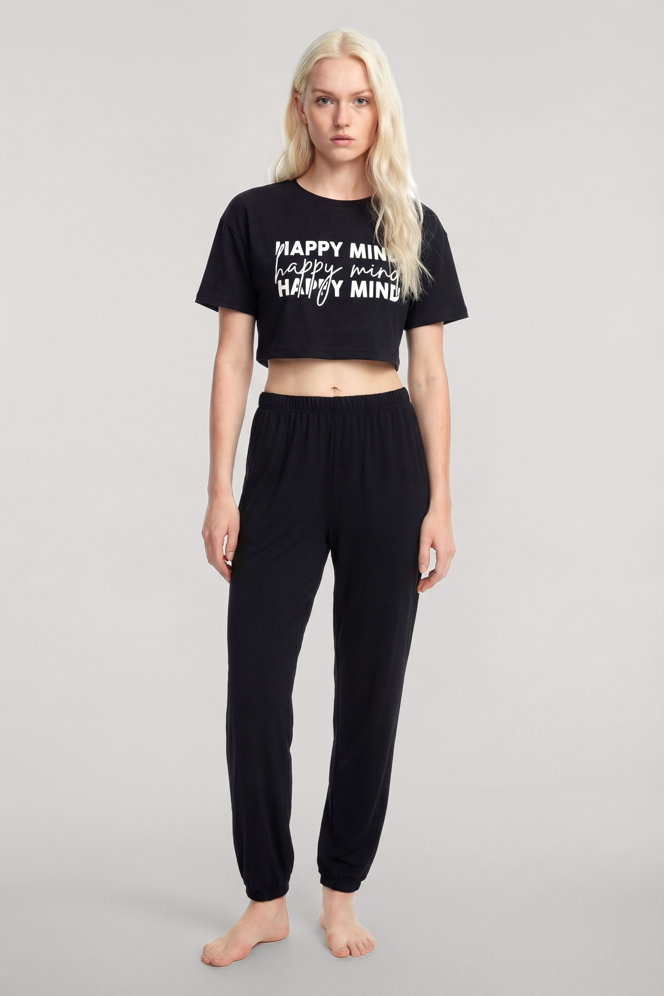 Akbeniz Baskılı Crop T-Shirt Pantolon Takım Siyah