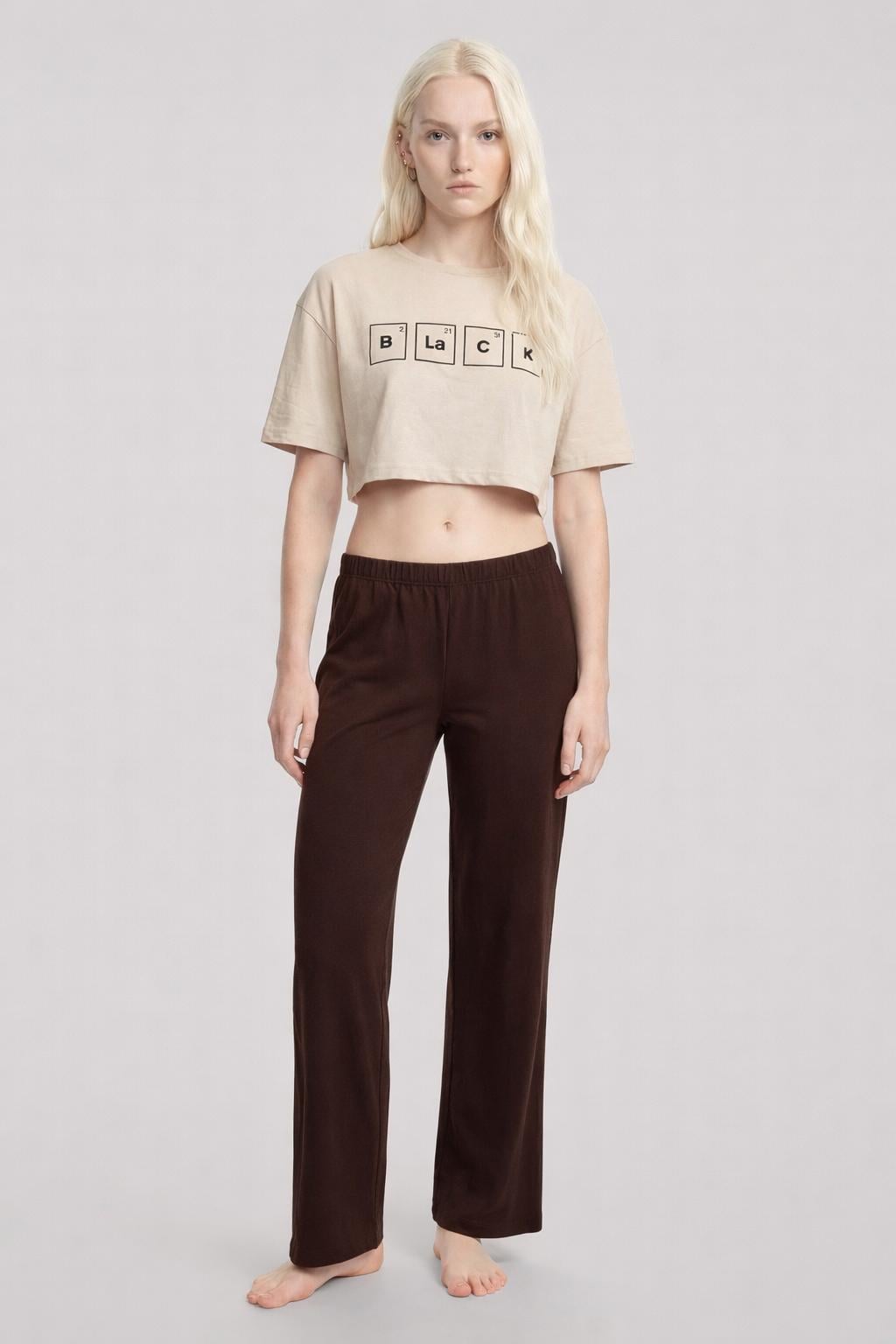 Akbeniz Baskılı Crop T-Shirt Pantolon Takım Kum Kahve