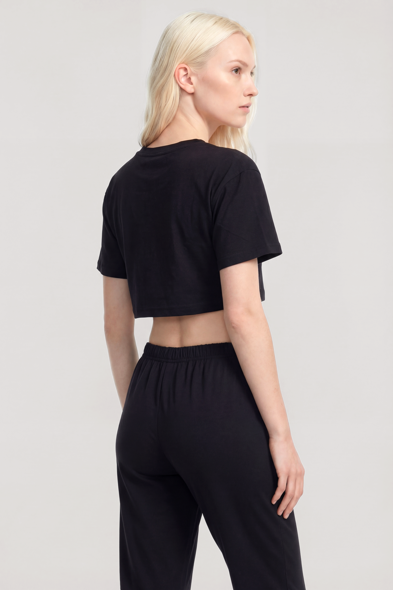 Akbeniz Baskılı Crop T-Shirt Pantolon Takım Siyah