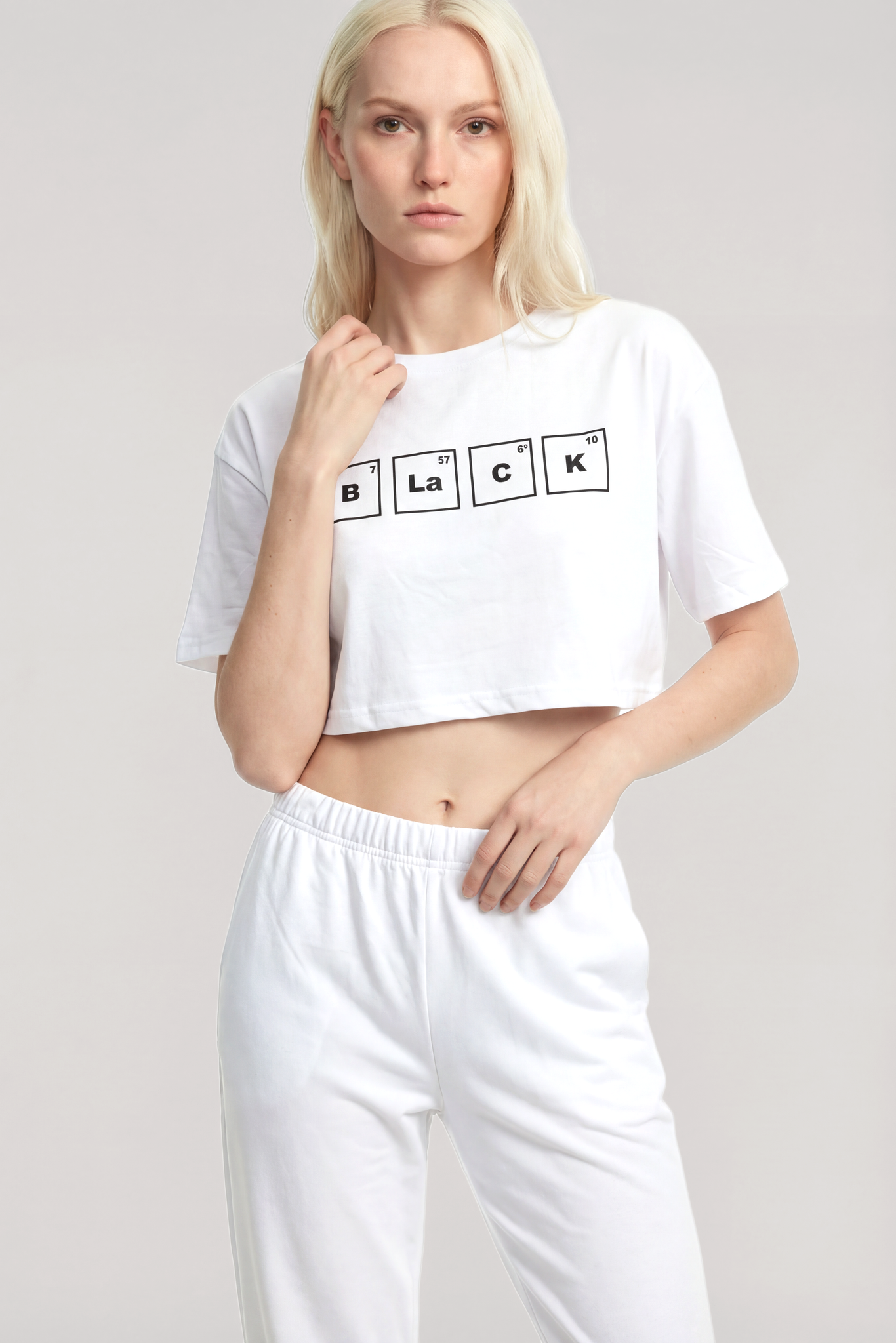 Akbeniz Baskılı Crop T-Shirt Pantolon Takım Beyaz