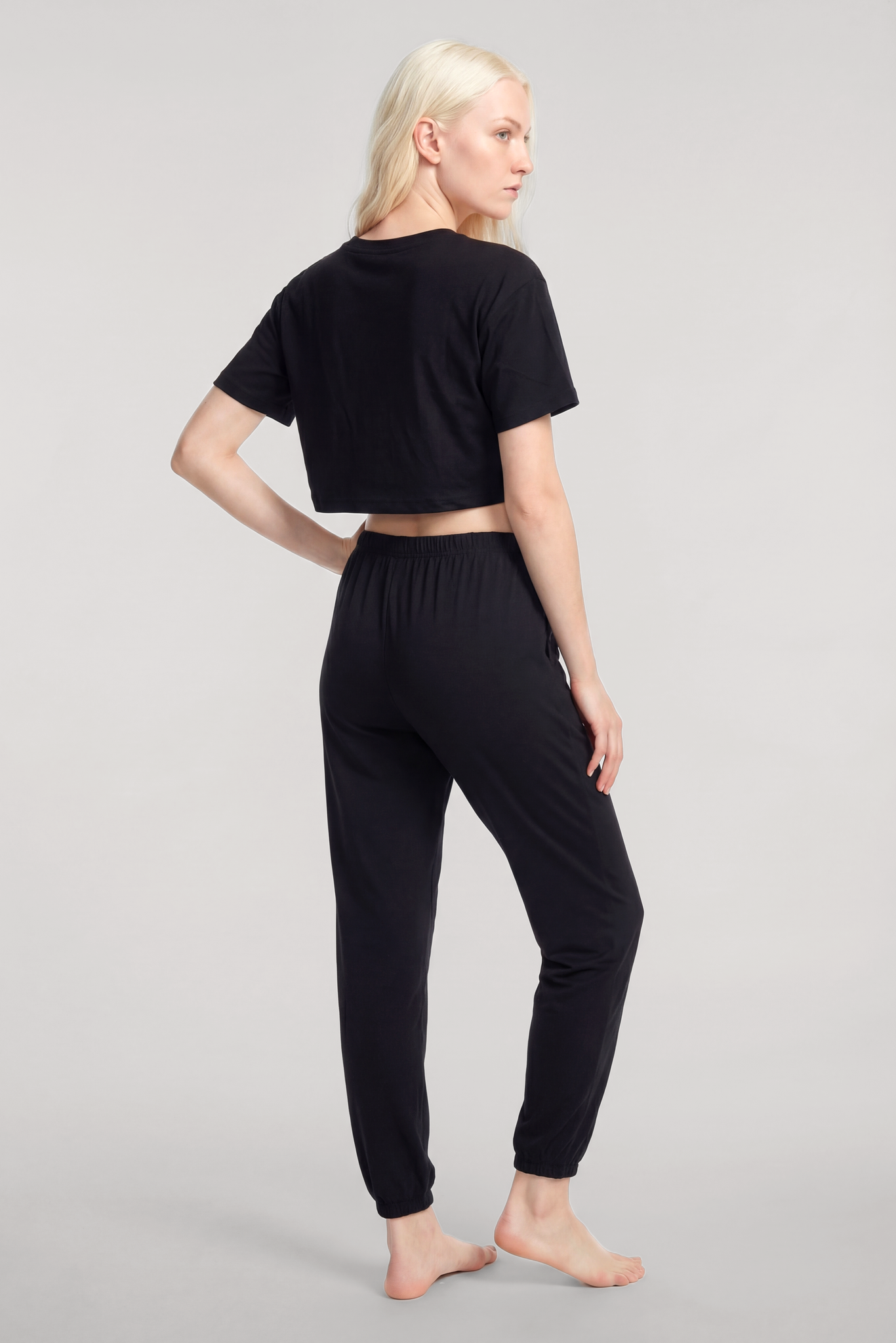 Akbeniz Baskılı Crop T-Shirt Pantolon Takım Siyah