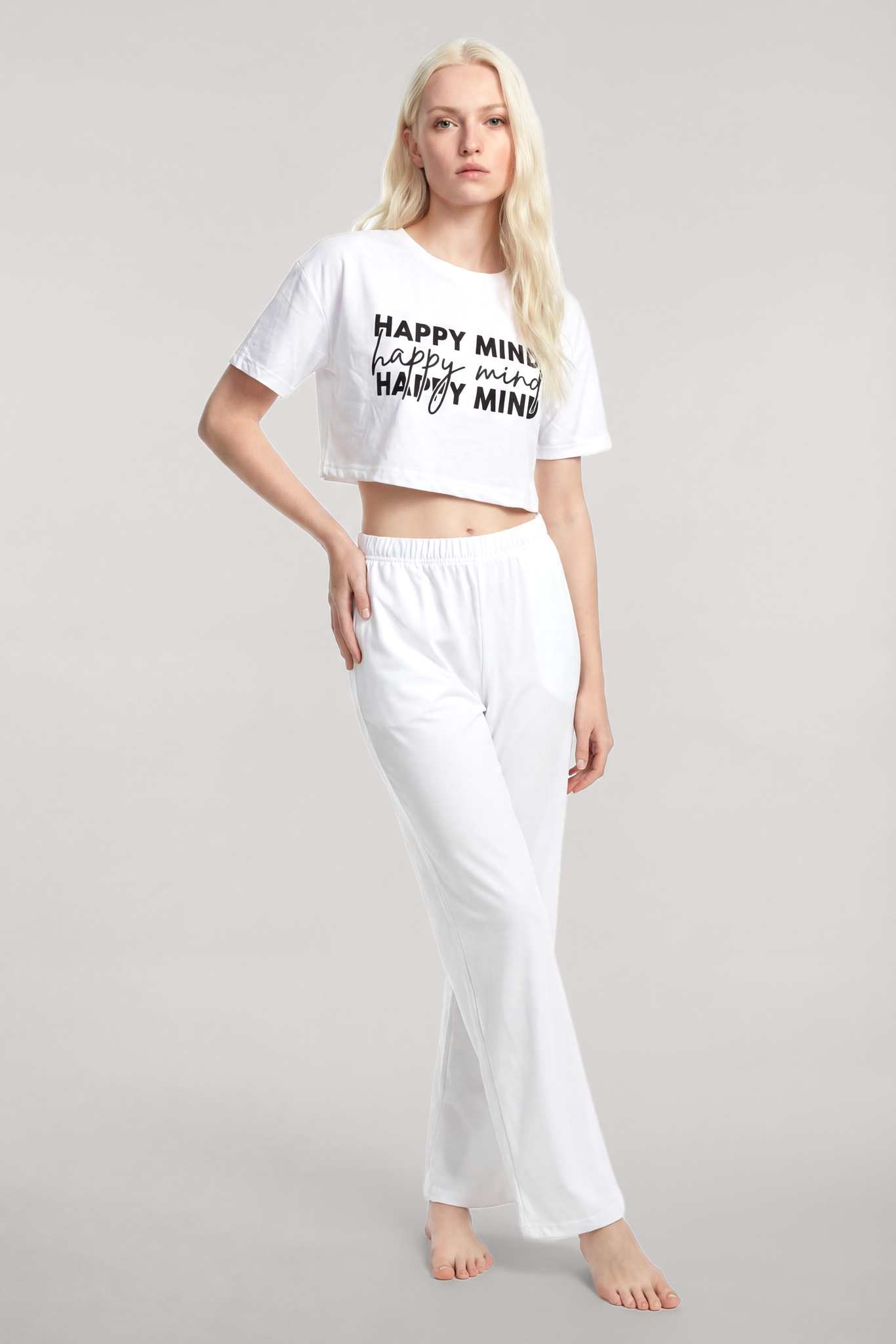 Akbeniz Baskılı Crop T-Shirt Pantolon Takım Beyaz