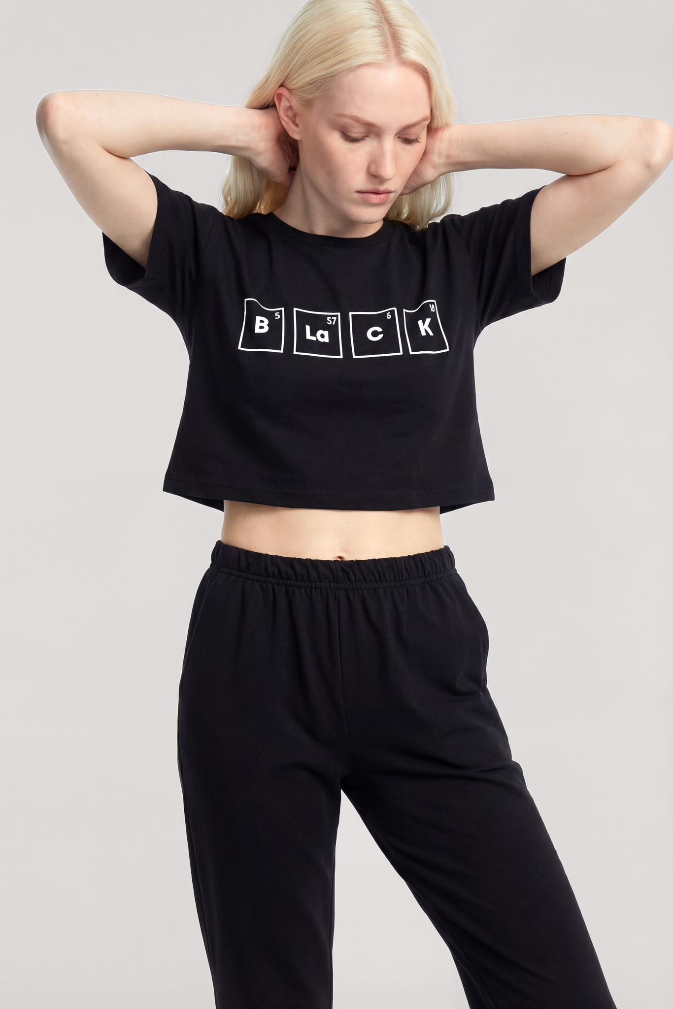 Akbeniz Baskılı Crop T-Shirt Pantolon Takım Siyah