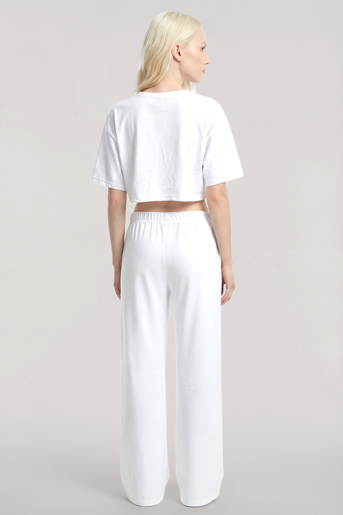 Akbeniz Baskılı Crop T-Shirt Pantolon Takım Beyaz