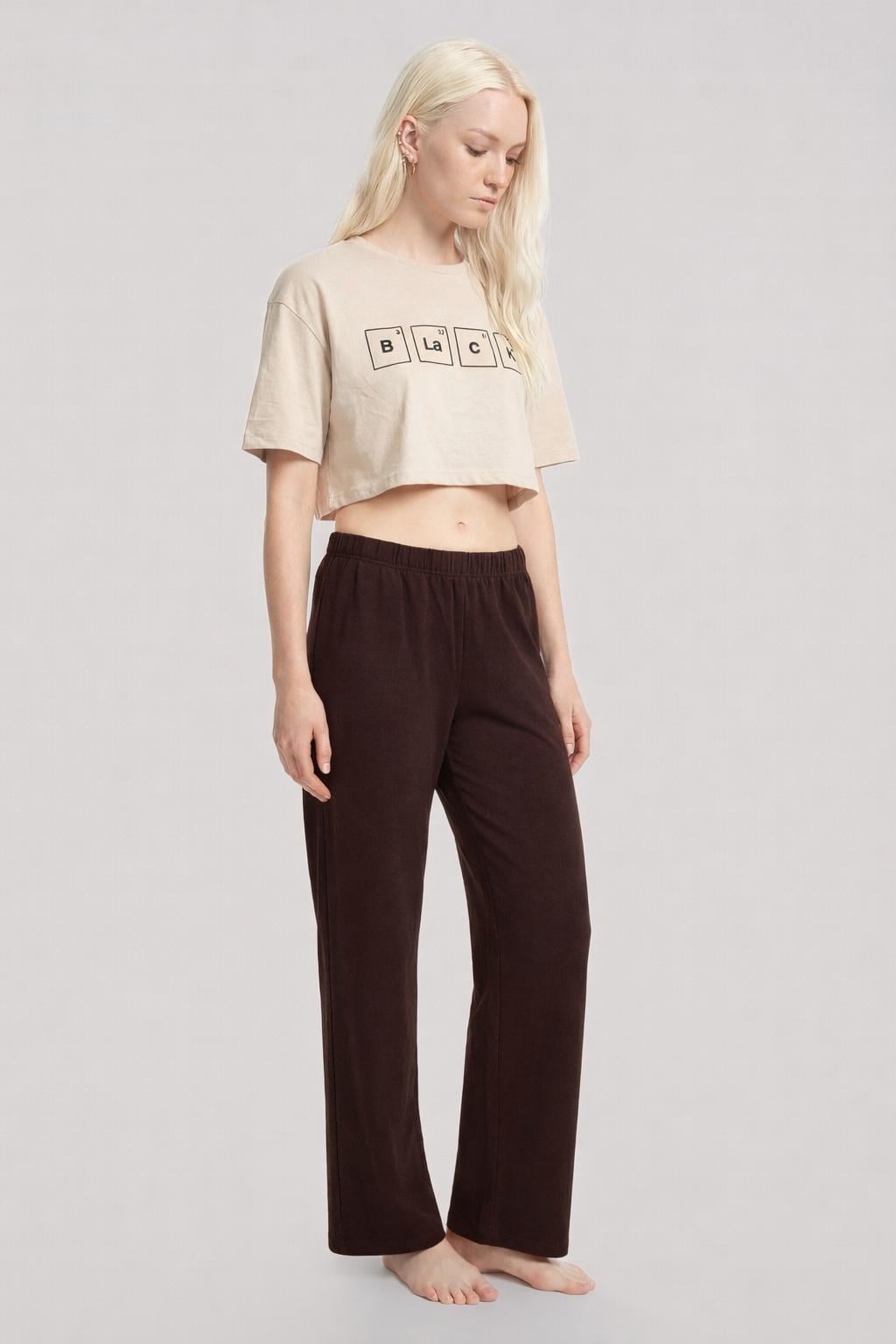 Akbeniz Baskılı Crop T-Shirt Pantolon Takım Kum Kahve