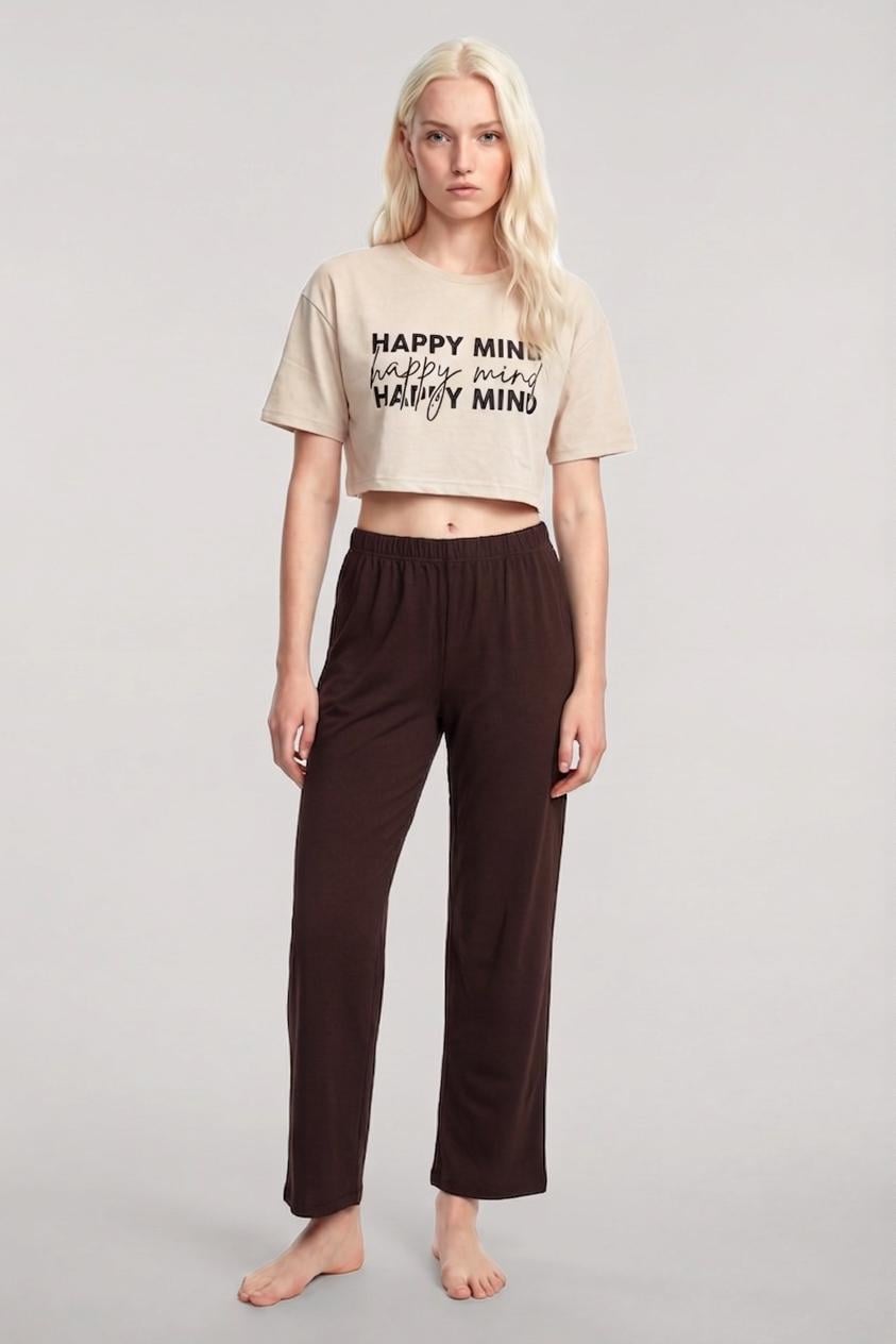 Akbeniz Baskılı Crop T-Shirt Pantolon Takım Kum Kahve