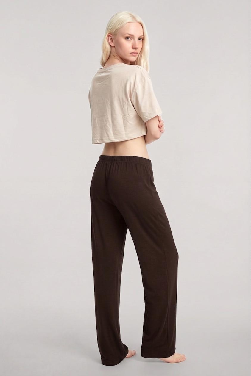 Akbeniz Baskılı Crop T-Shirt Pantolon Takım Kum Kahve