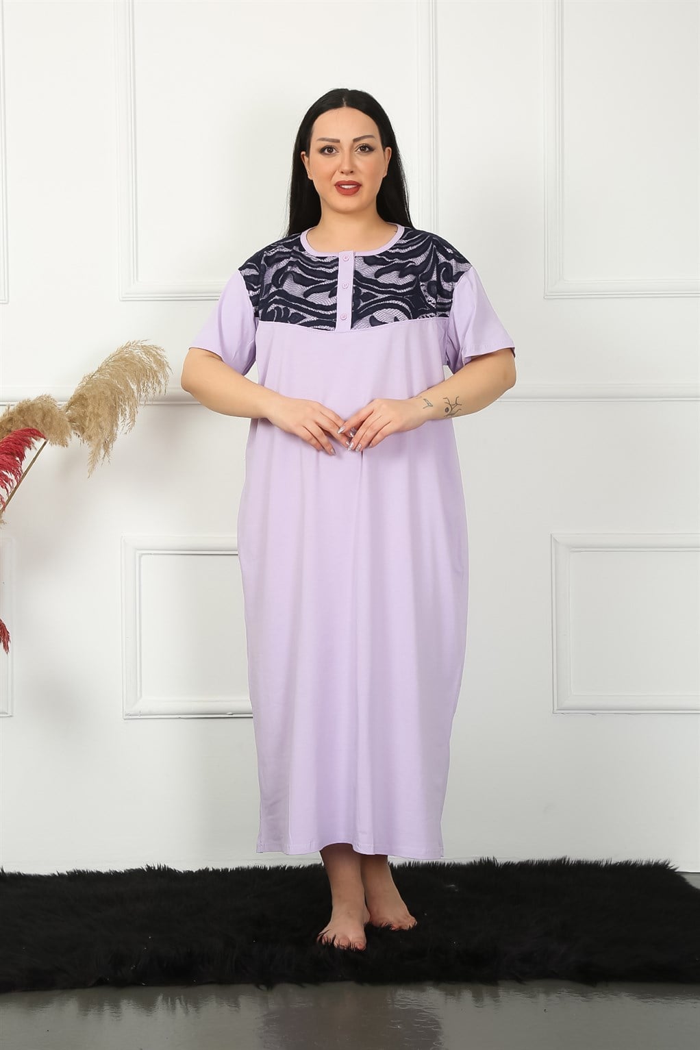 Akbeniz Big Dantelli Kısa Kol Lila Anne Gecelik 1348