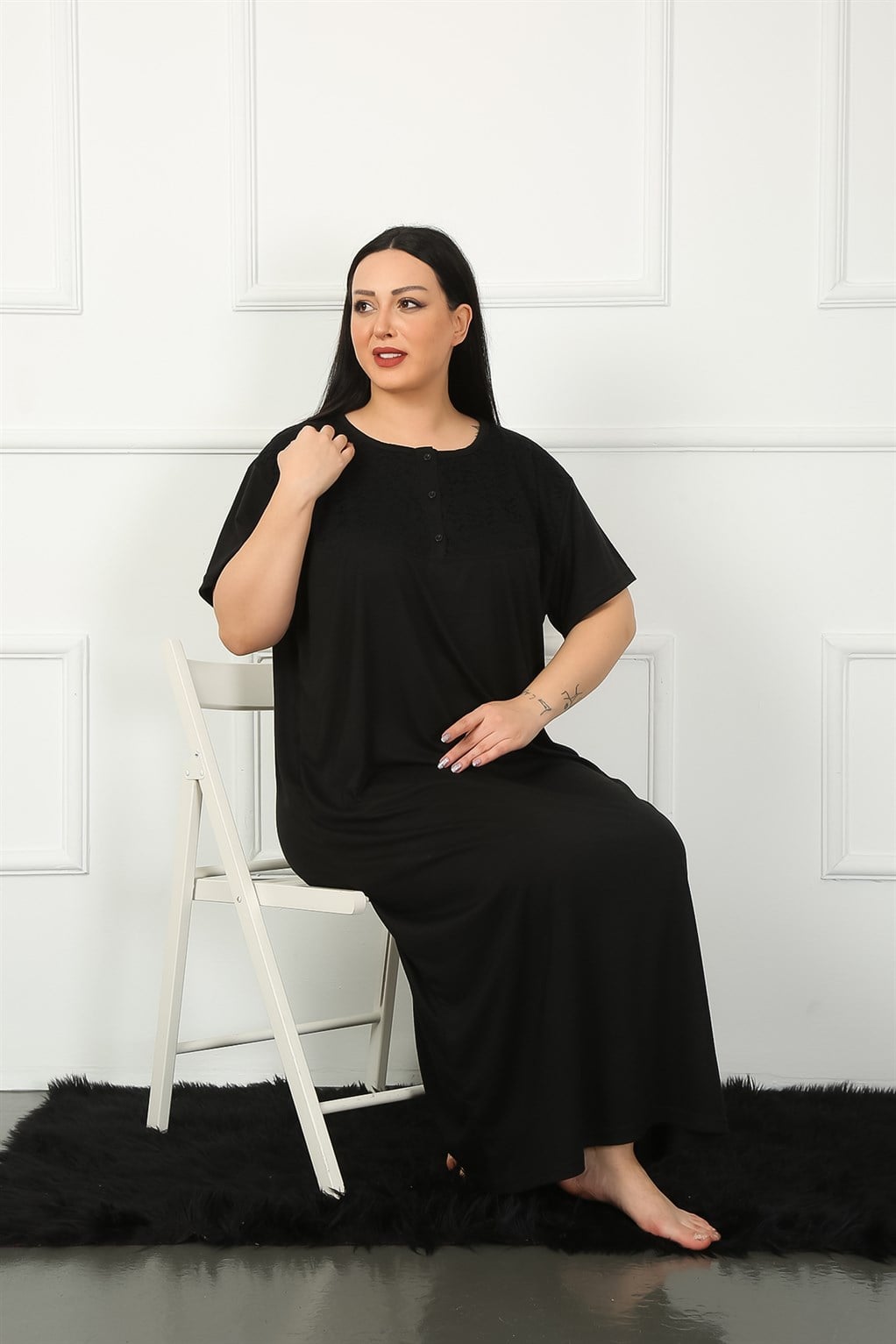 Akbeniz Big Dantelli Kısa Kol Siyah Anne Gecelik 1348