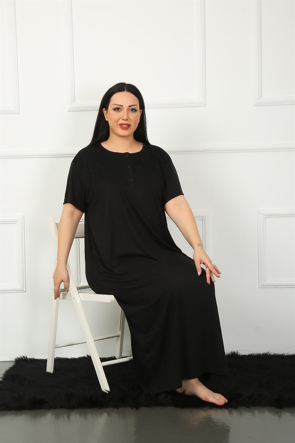Akbeniz Big Dantelli Kısa Kol Siyah Anne Gecelik 1348