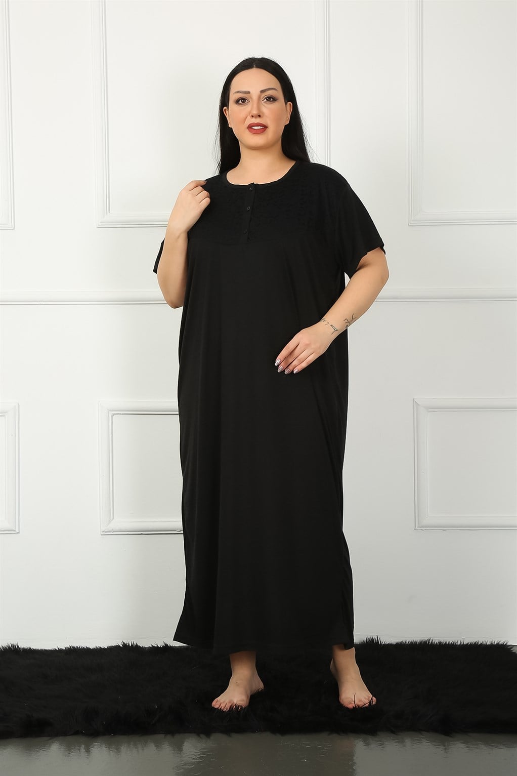 Akbeniz Big Dantelli Kısa Kol Siyah Anne Gecelik 1348
