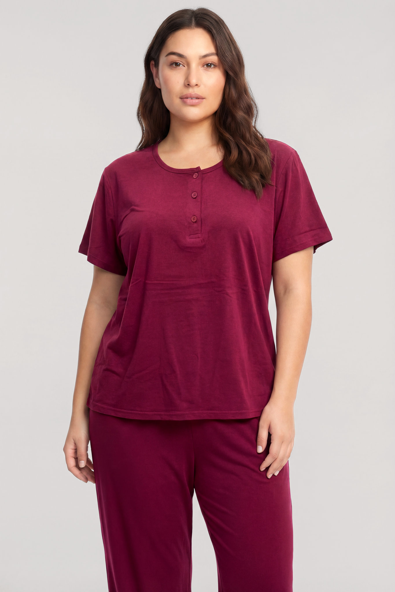 Akbeniz Büyük Beden Düğmeli Kısa Kollu Pijama Takımı Vişne