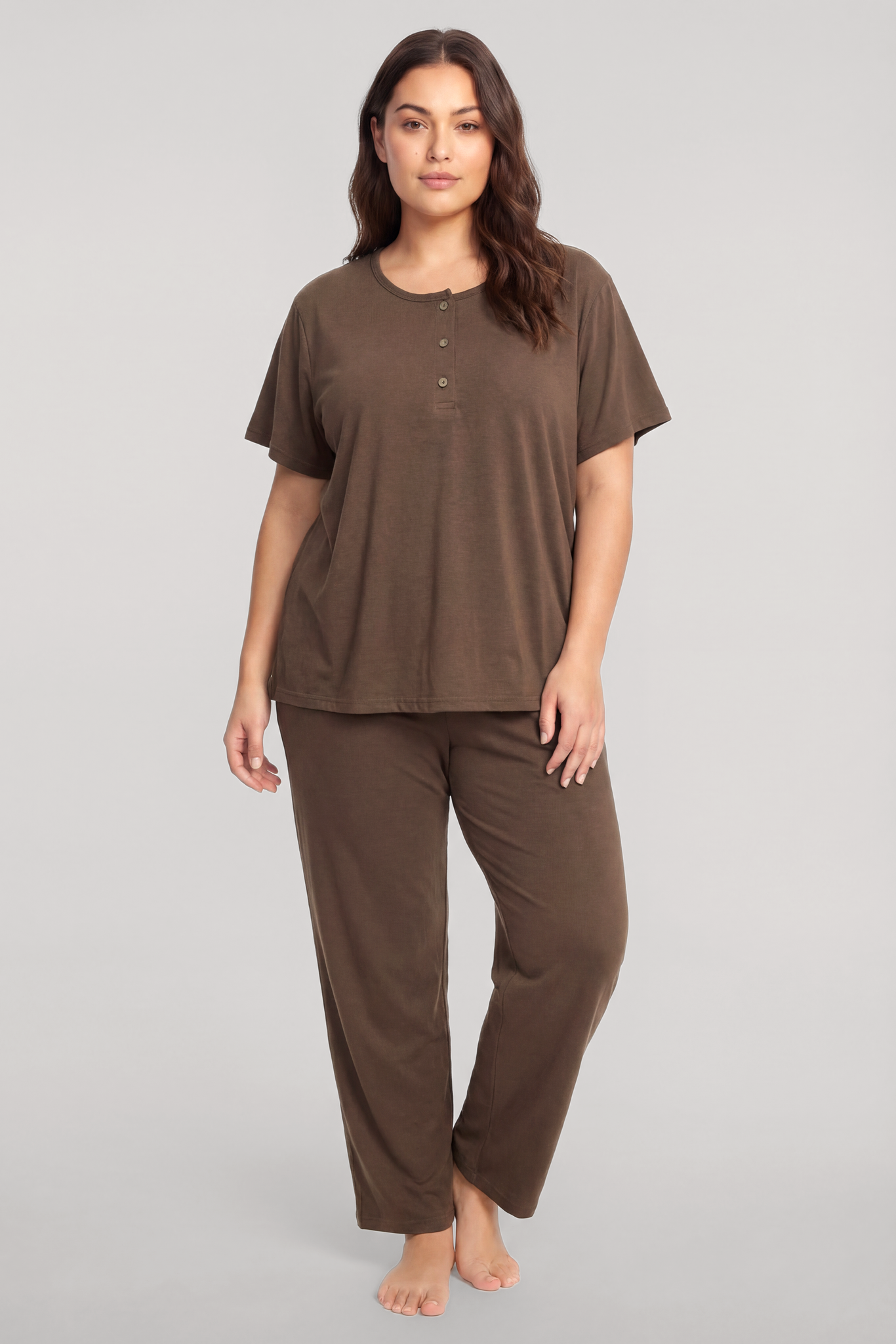Akbeniz Büyük Beden Düğmeli Kısa Kollu Pijama Takımı Kahverengi
