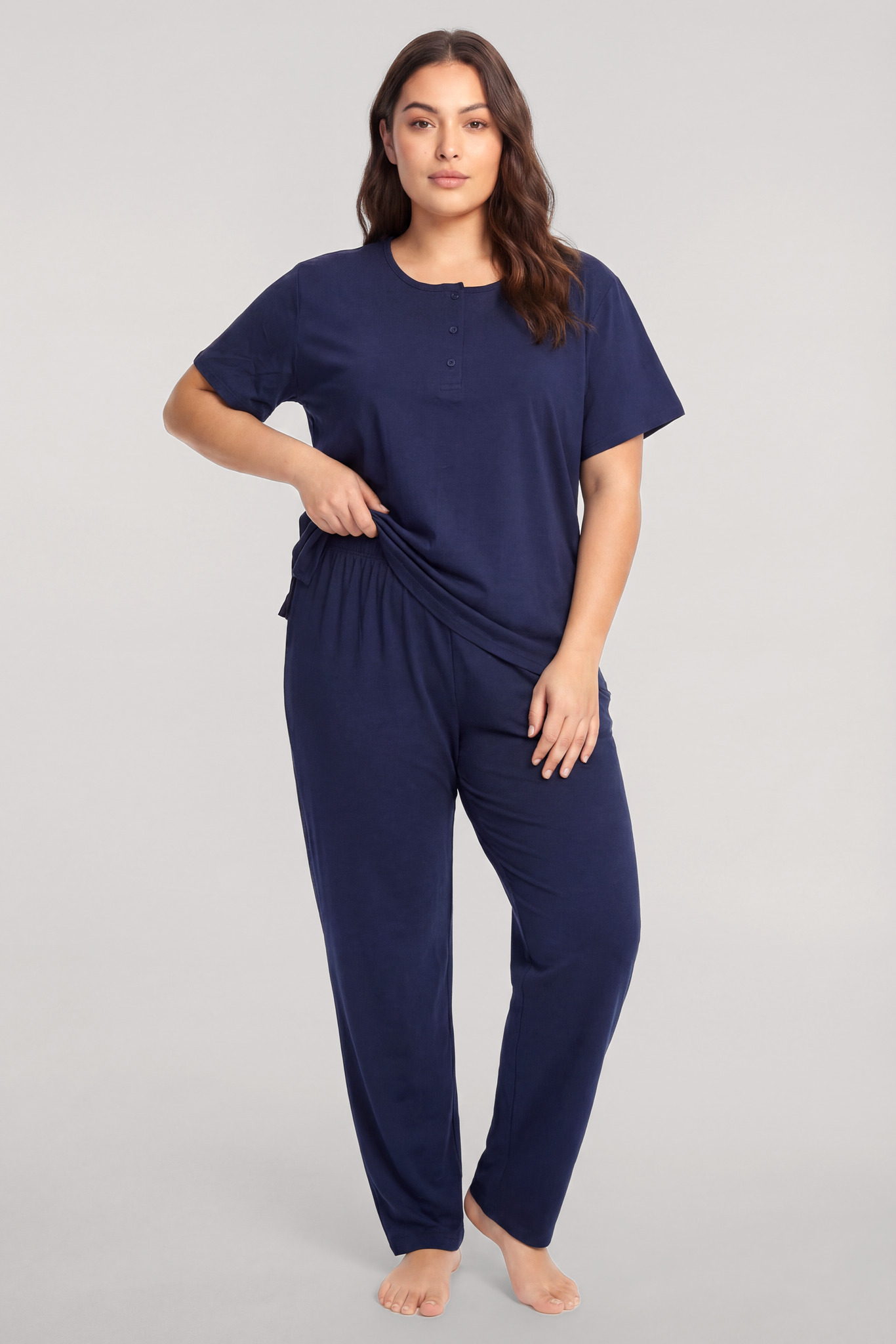 Akbeniz Büyük Beden Düğmeli Kısa Kollu Pijama Takımı Lacivert