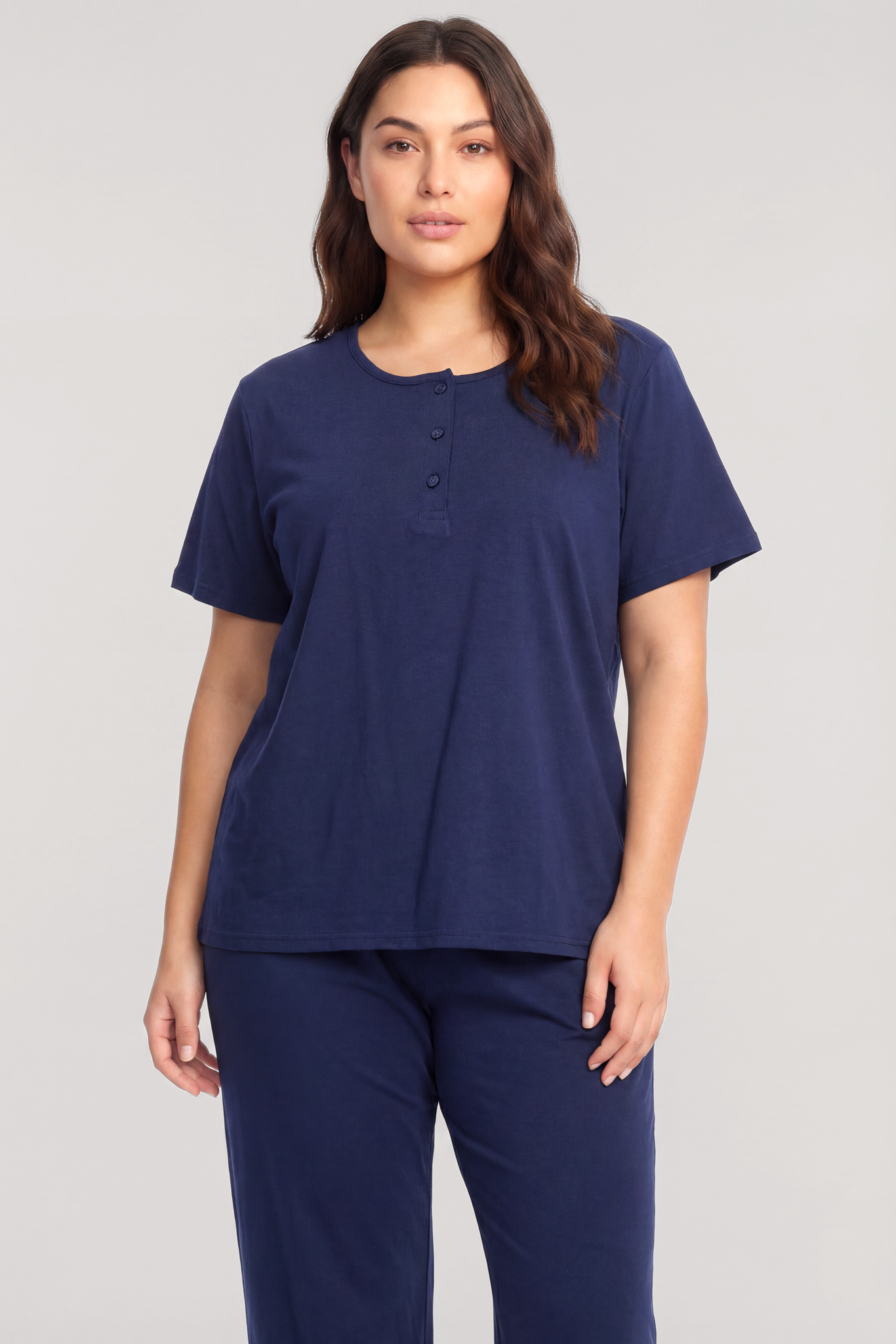 Akbeniz Büyük Beden Düğmeli Kısa Kollu Pijama Takımı Lacivert