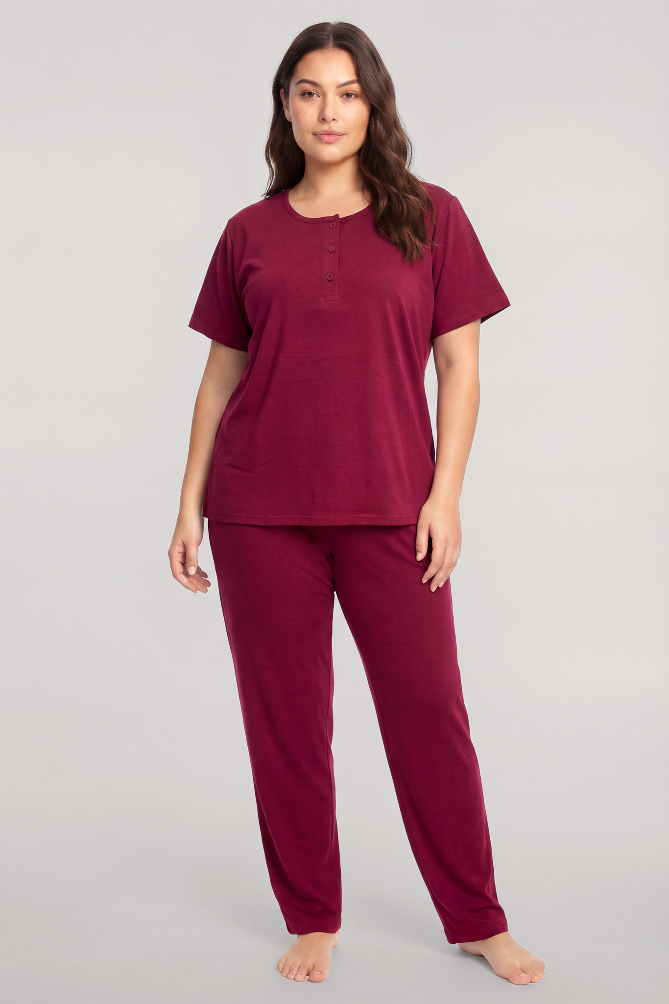 Akbeniz Büyük Beden Düğmeli Kısa Kollu Pijama Takımı Vişne