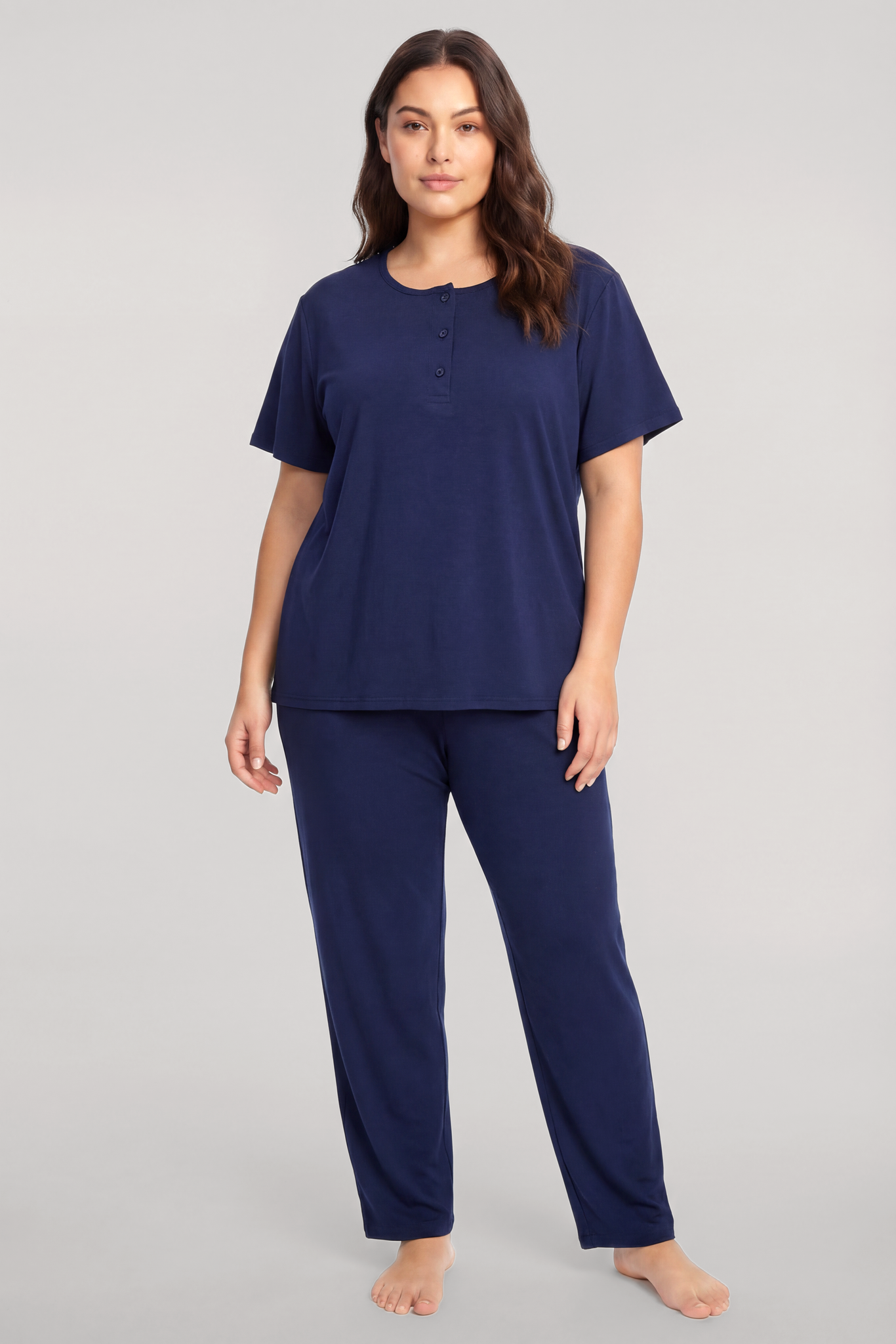 Akbeniz Büyük Beden Düğmeli Kısa Kollu Pijama Takımı Lacivert
