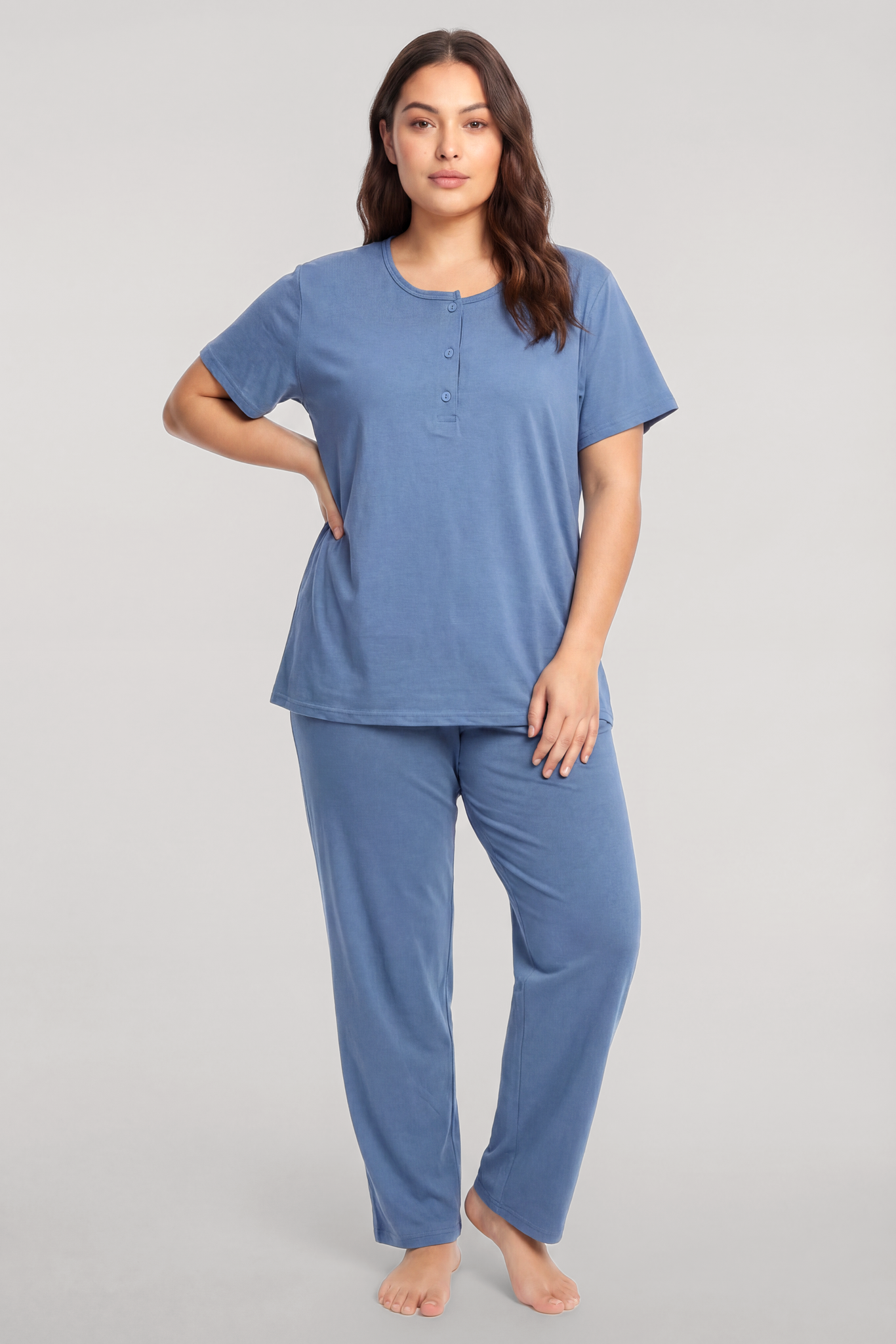 Akbeniz Büyük Beden Düğmeli Kısa Kollu Pijama Takımı Mavi