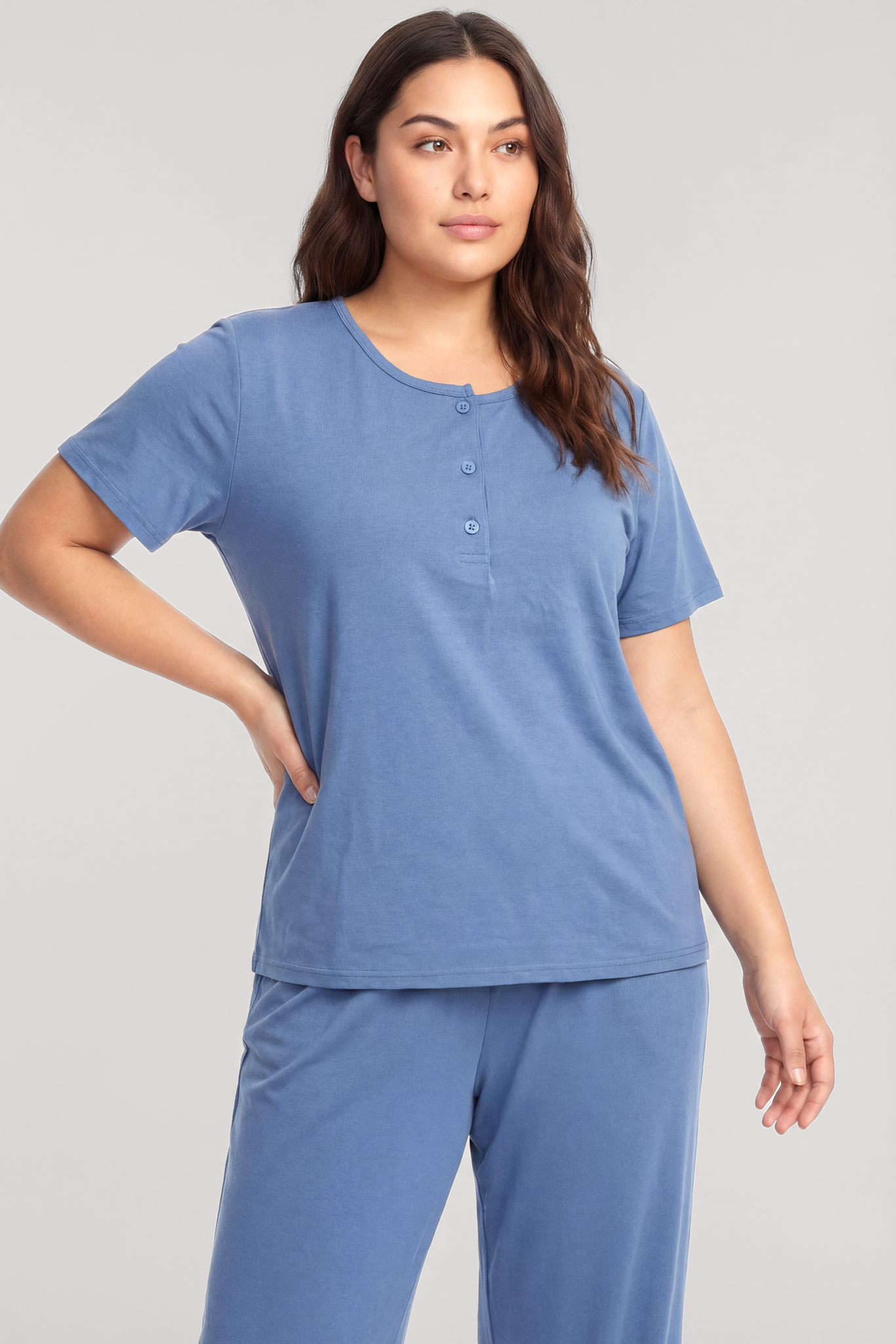 Akbeniz Büyük Beden Düğmeli Kısa Kollu Pijama Takımı Mavi