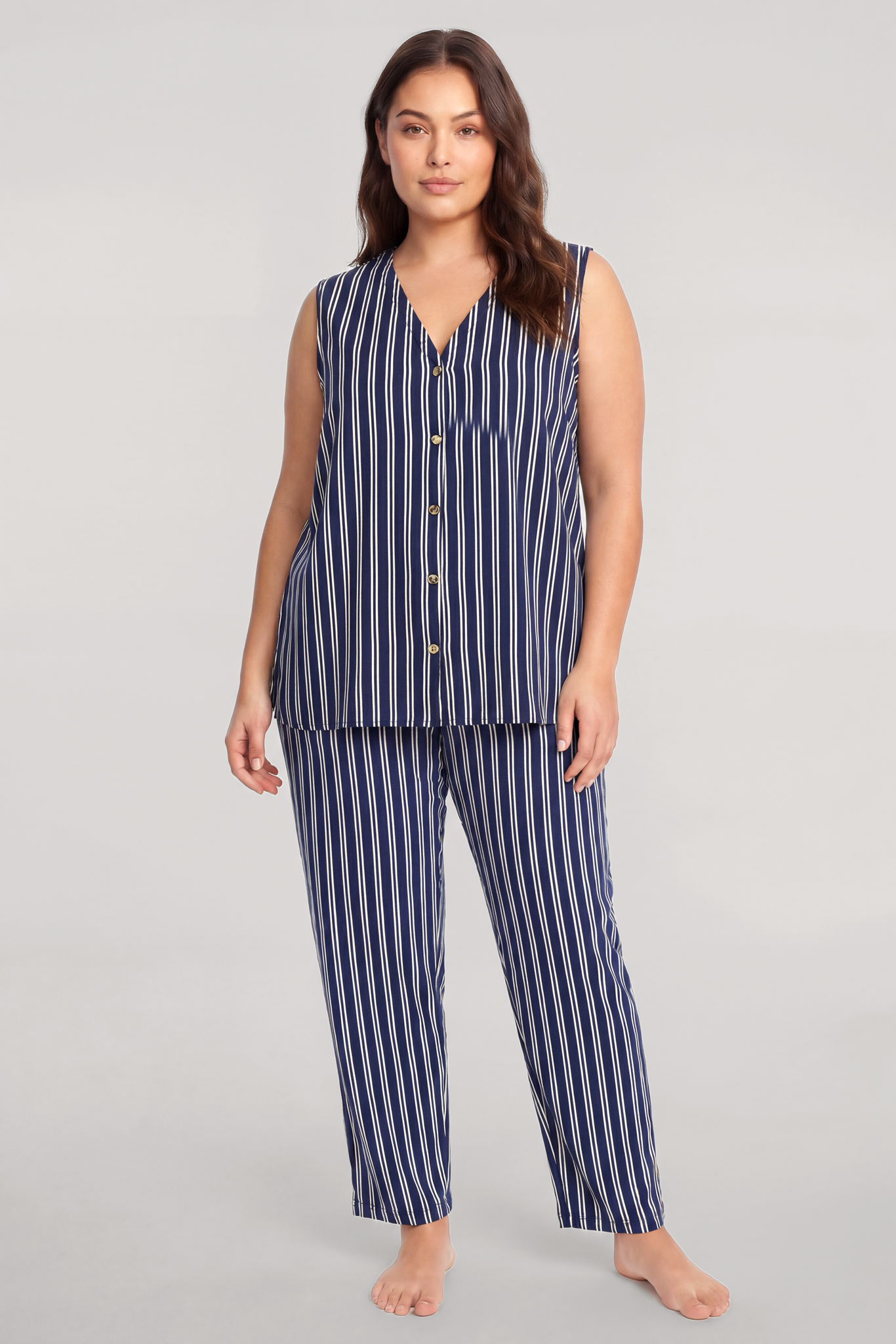 Akbeniz Büyük Beden Lacivert Çizgili Yelekli Yazlık Pijama Takımı