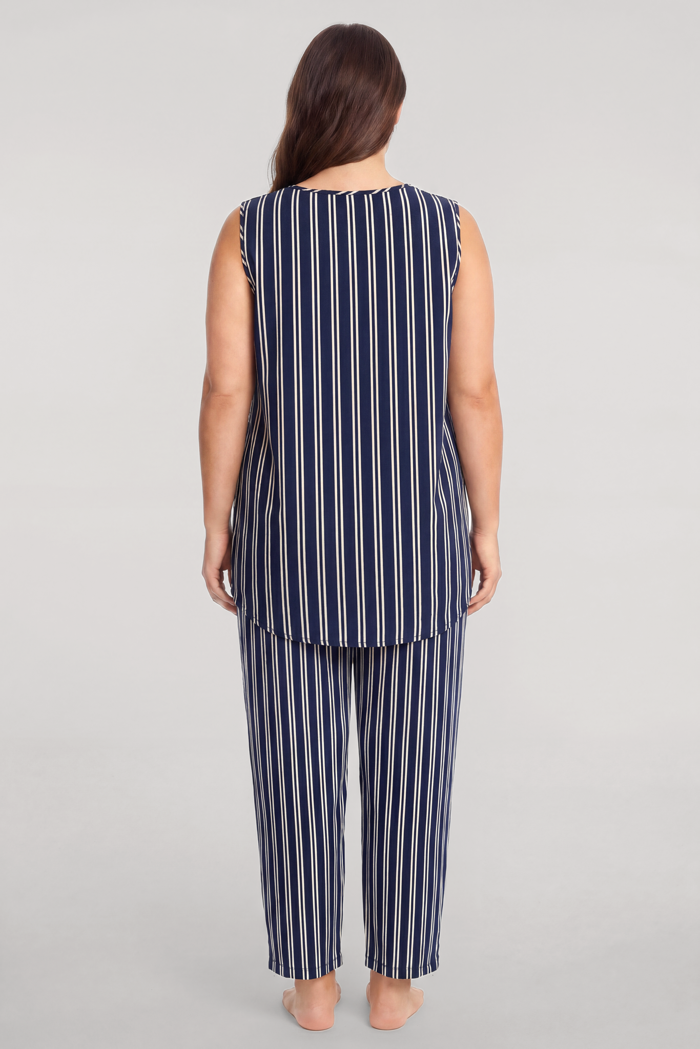 Akbeniz Büyük Beden Lacivert Çizgili Yelekli Yazlık Pijama Takımı