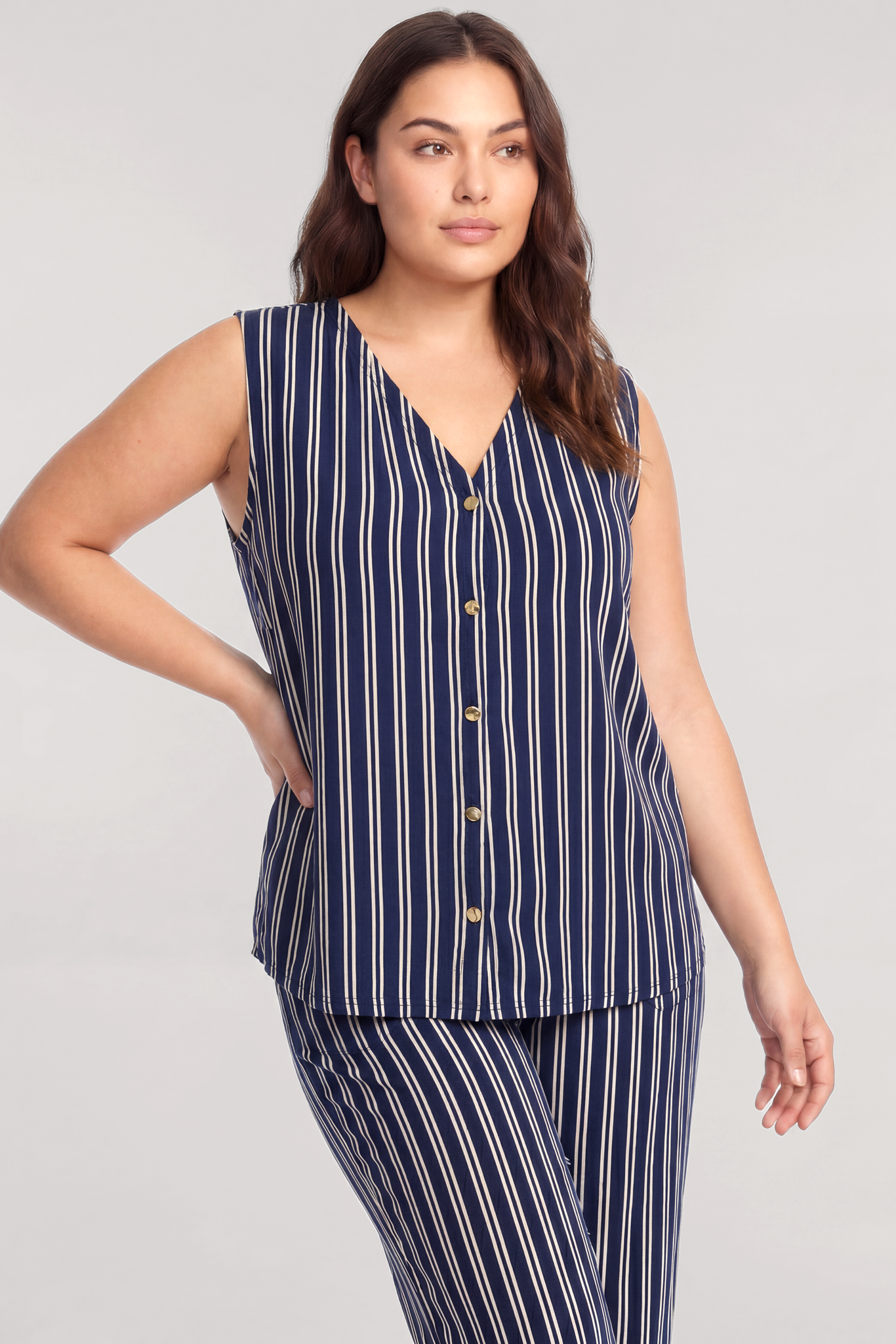 Akbeniz Büyük Beden Lacivert Çizgili Yelekli Yazlık Pijama Takımı