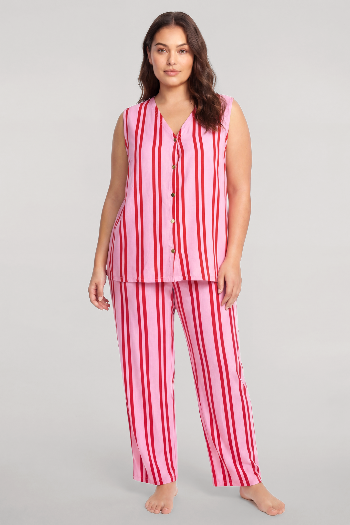 Akbeniz Büyük Beden Pembe Çizgili Yelekli Yazlık Pijama Takımı