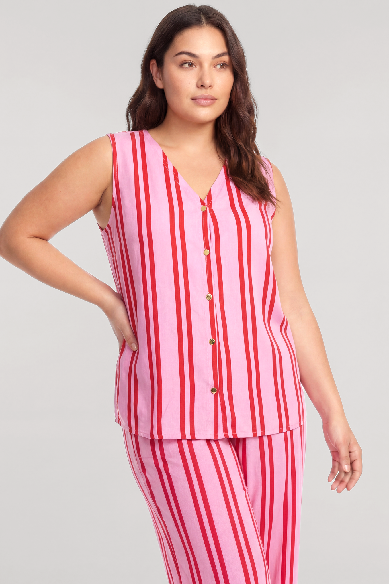 Akbeniz Büyük Beden Pembe Çizgili Yelekli Yazlık Pijama Takımı