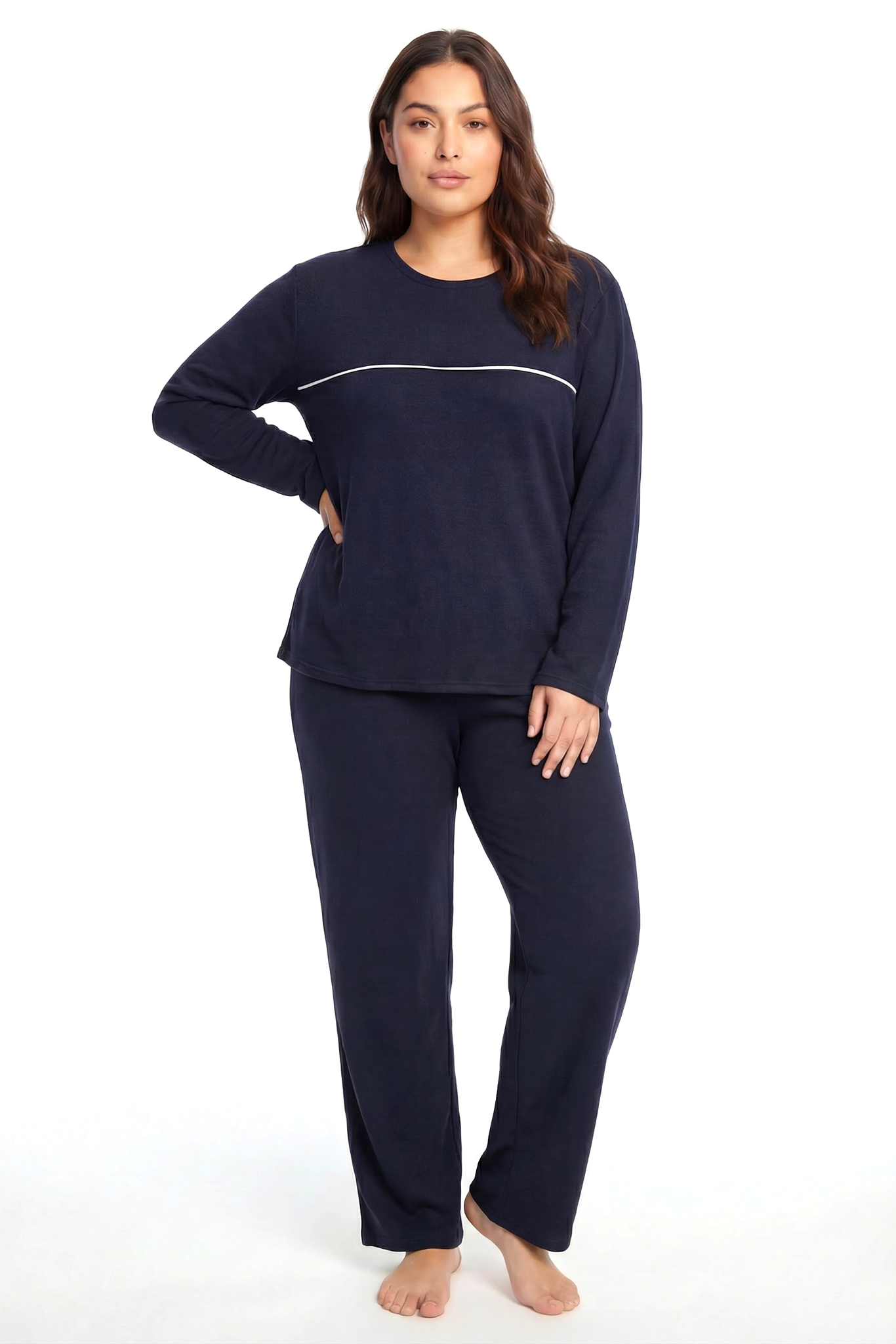 Akbeniz Büyük Beden Şerit Detaylı Kalın Uzun Kollu Kadın Pijama Takımı  Lacivert