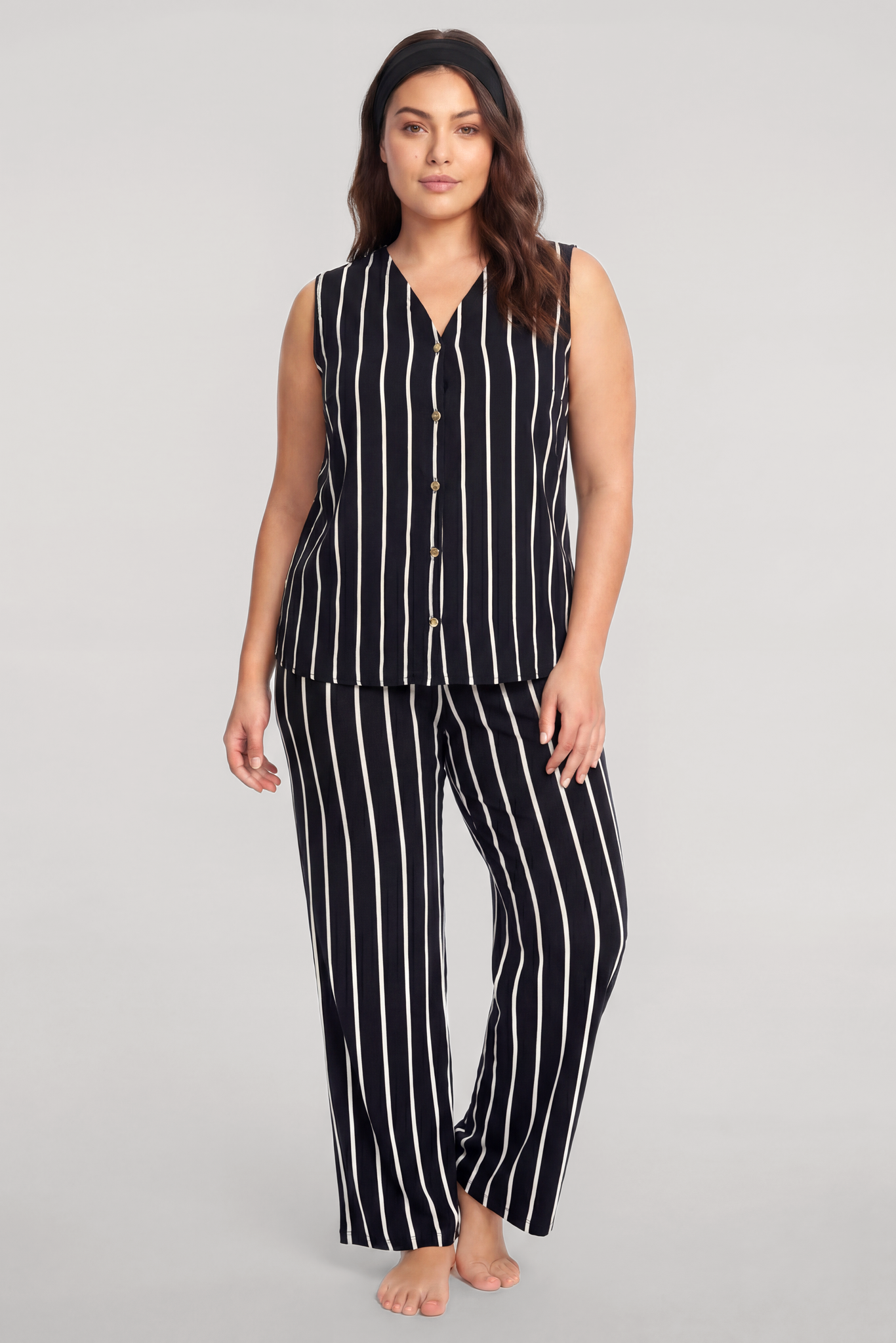 Akbeniz Büyük Beden Siyah Çizgili Yelekli Yazlık Pijama Takımı