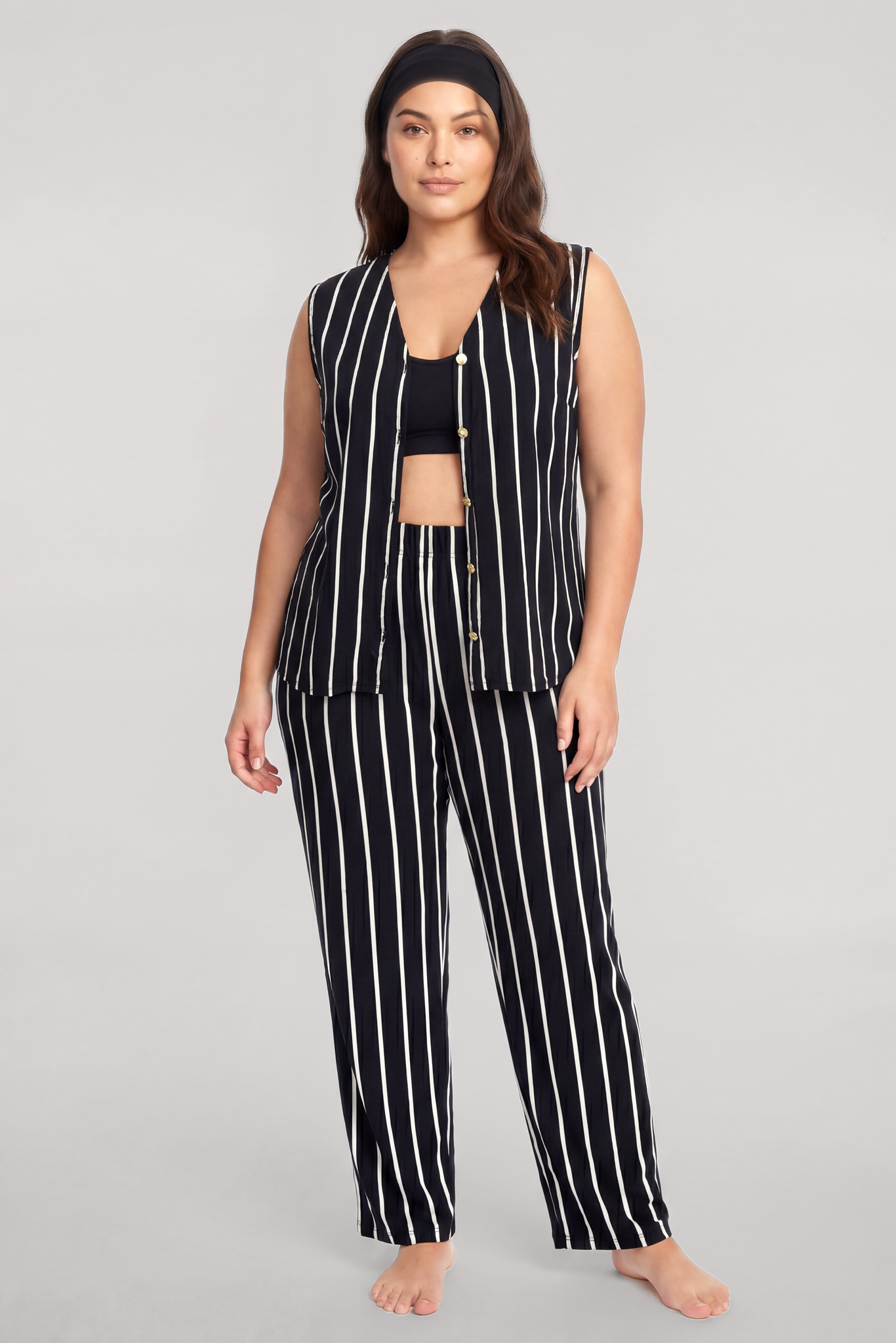Akbeniz Büyük Beden Siyah Çizgili Yelekli Yazlık Pijama Takımı