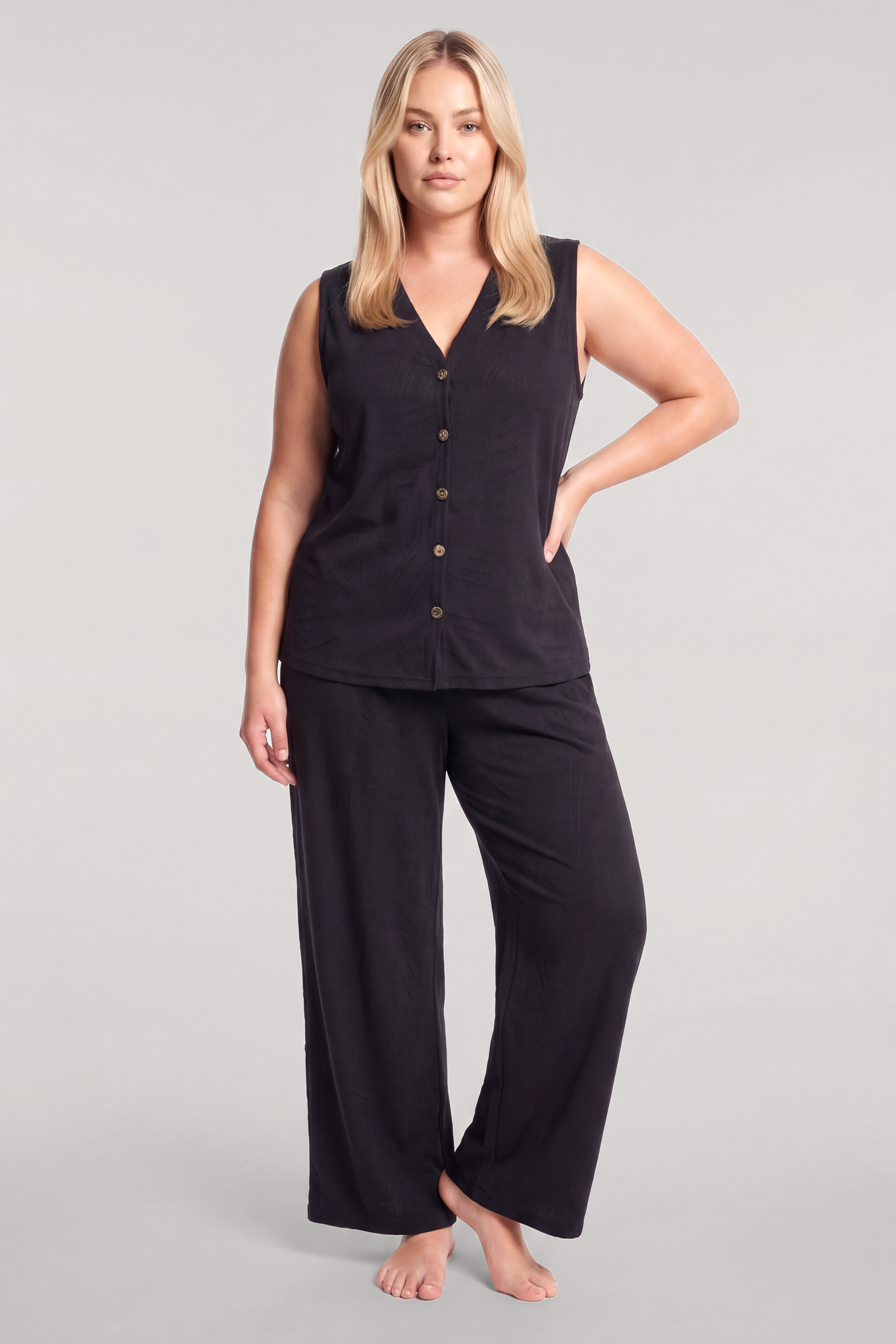 Akbeniz Büyük Beden Yelekli Yazlık Pijama Takımı - Siyah