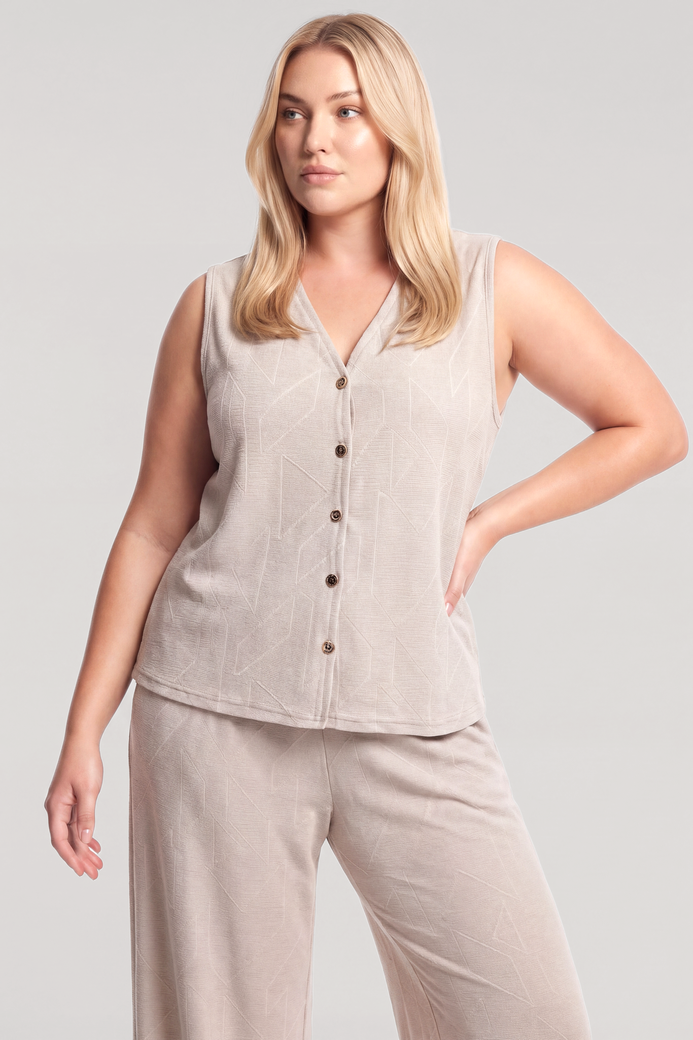 Akbeniz Büyük Beden Yelekli Yazlık Pijama Takımı - BEJ