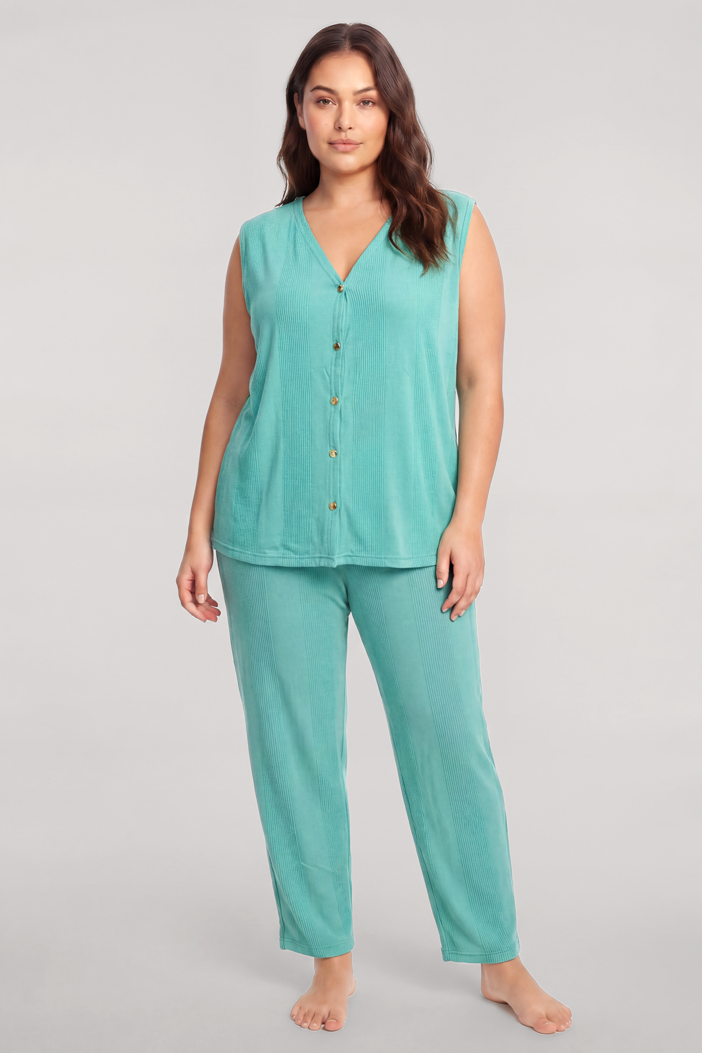 Akbeniz Büyük Beden Yelekli Yazlık Pijama Takımı Su Yeşili