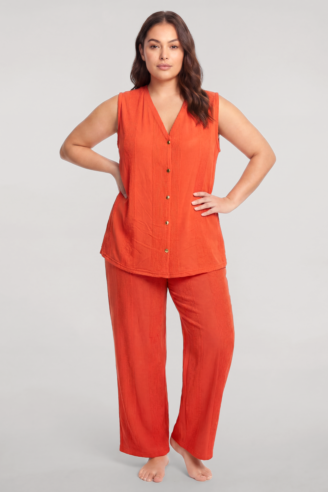 Akbeniz Büyük Beden Yelekli Yazlık Pijama Takımı Turuncu