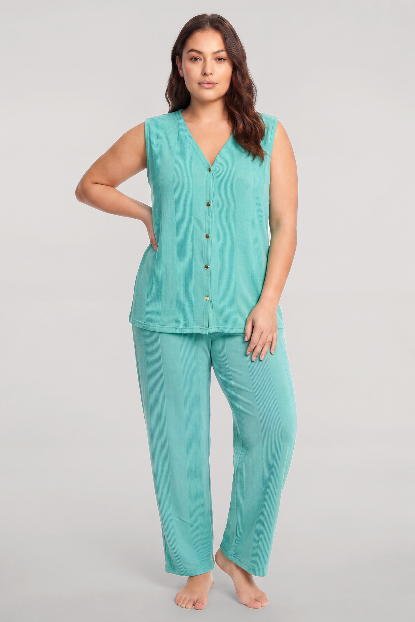 Akbeniz Büyük Beden Yelekli Yazlık Pijama Takımı Su Yeşili