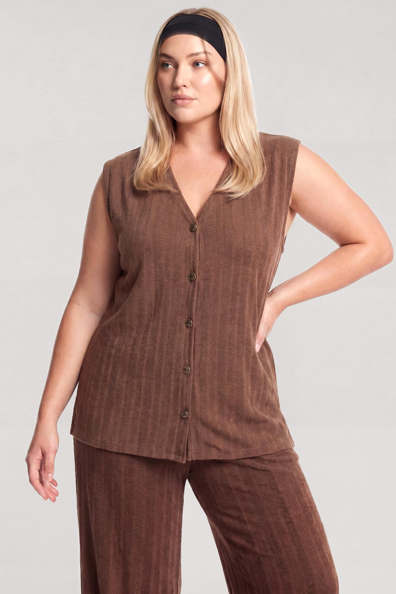 Akbeniz Büyük Beden Yelekli Yazlık Pijama Takımı - Kahverengi
