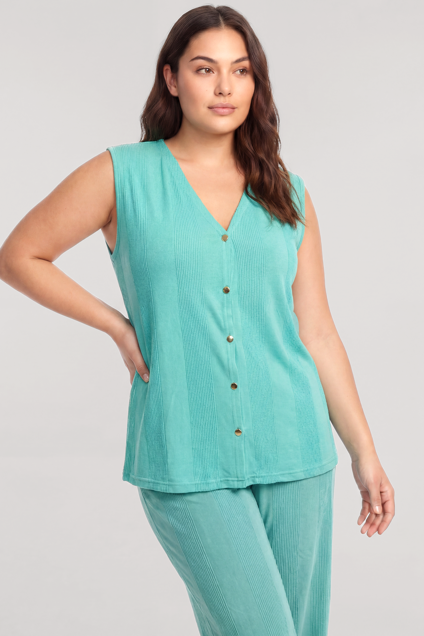 Akbeniz Büyük Beden Yelekli Yazlık Pijama Takımı Su Yeşili