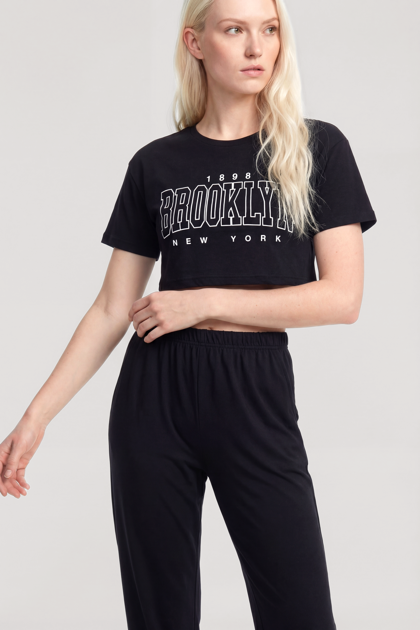 Akbeniz Crop T-Shirt Pantolon Takım Siyah