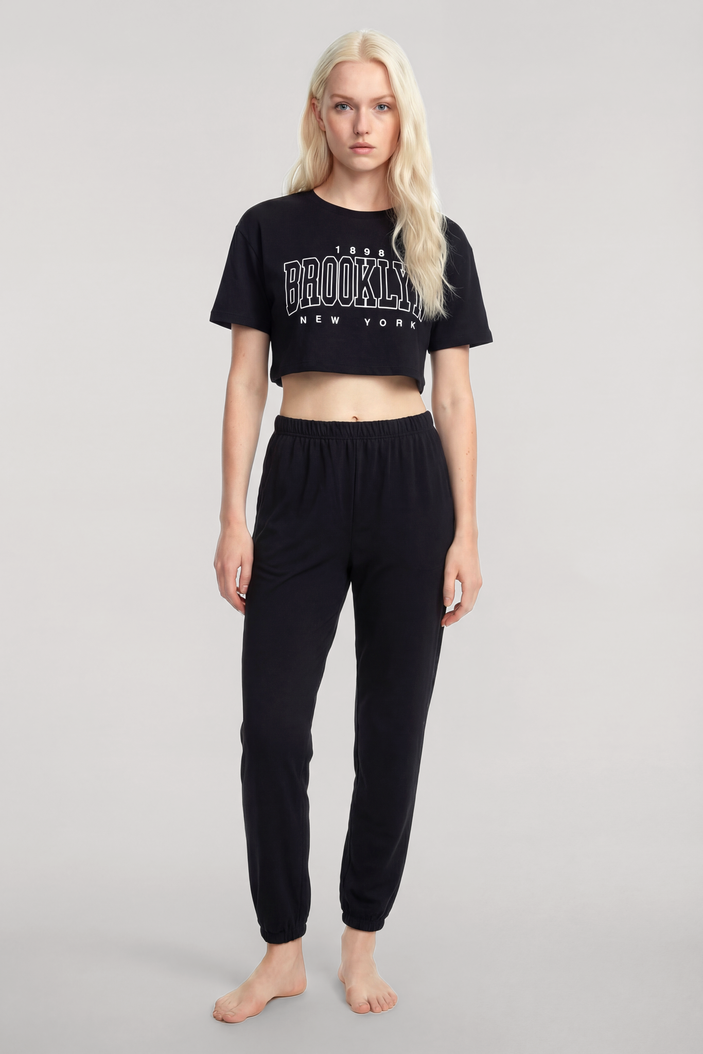 Akbeniz Crop T-Shirt Pantolon Takım Siyah