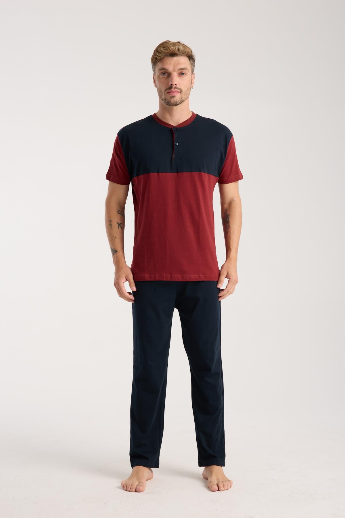 Akbeniz Erkek Bordo Düğmeli Yaka Kısa Kol Pijama Takımı