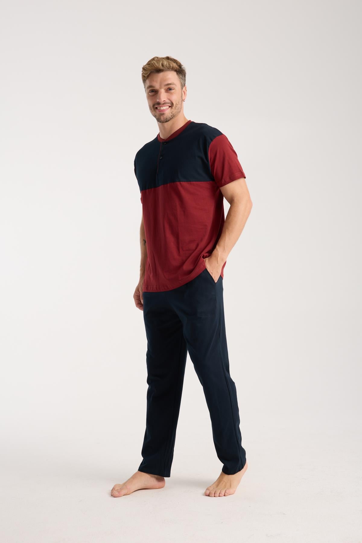 Akbeniz Erkek Bordo Düğmeli Yaka Kısa Kol Pijama Takımı