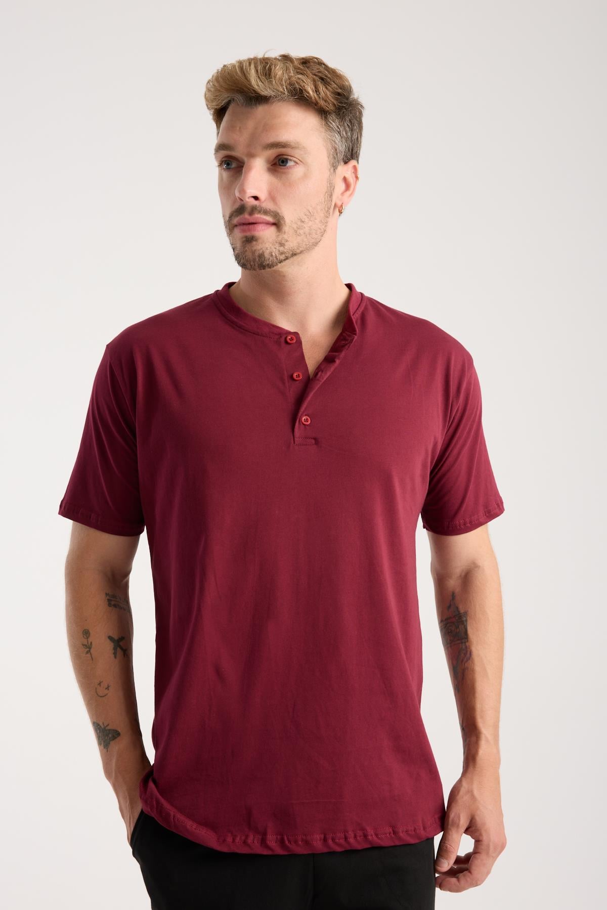 Akbeniz Erkek Bordo Düğmeli Yaka Kısa Kol Pijama Takımı