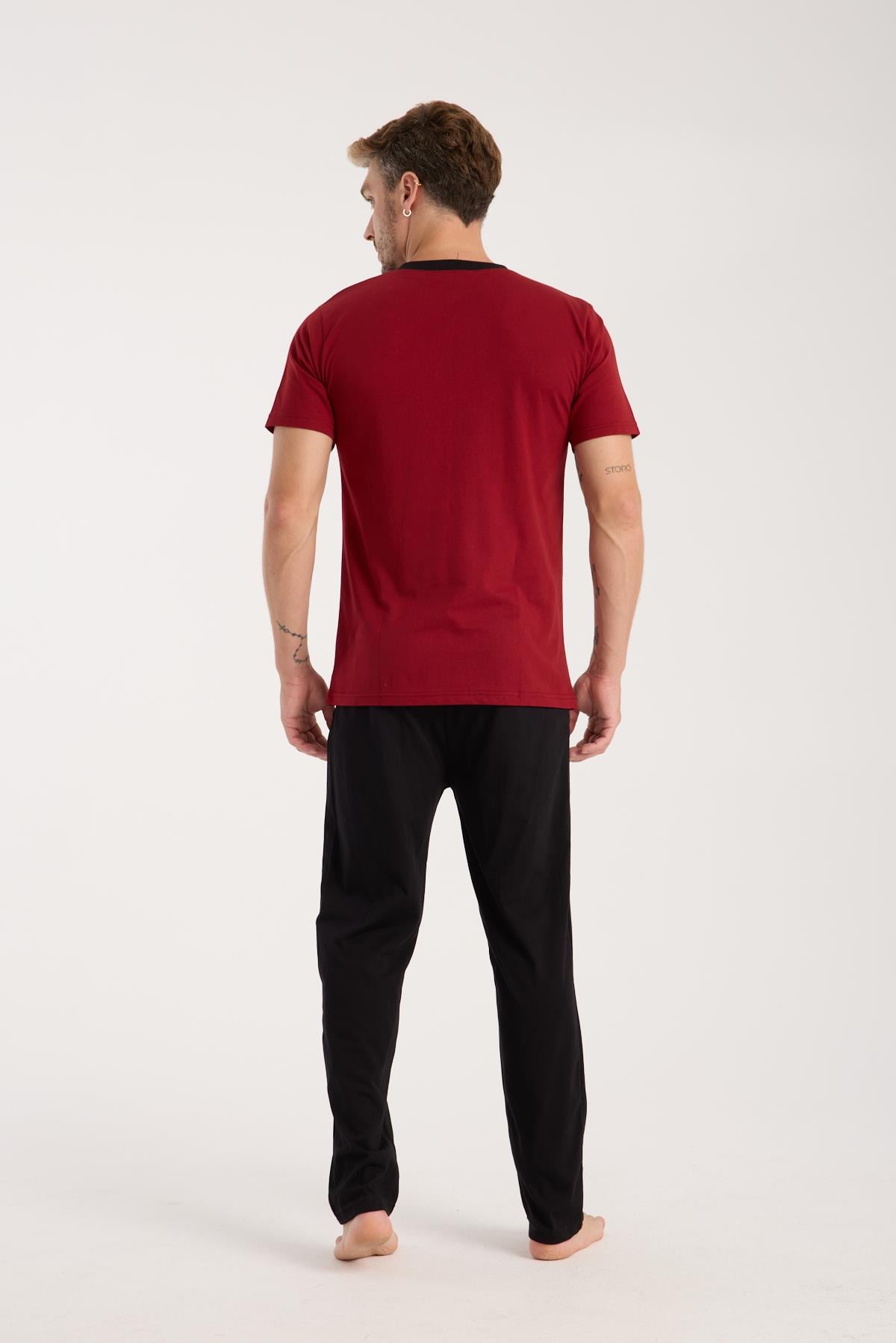 Akbeniz Erkek Bordo Düğmeli Yaka Kısa Kol Pijama Takımı