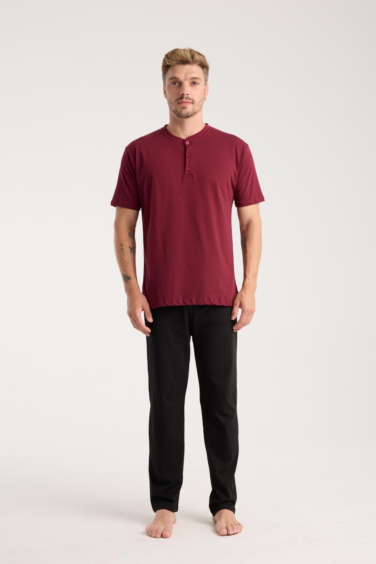 Akbeniz Erkek Bordo Düğmeli Yaka Kısa Kol Pijama Takımı